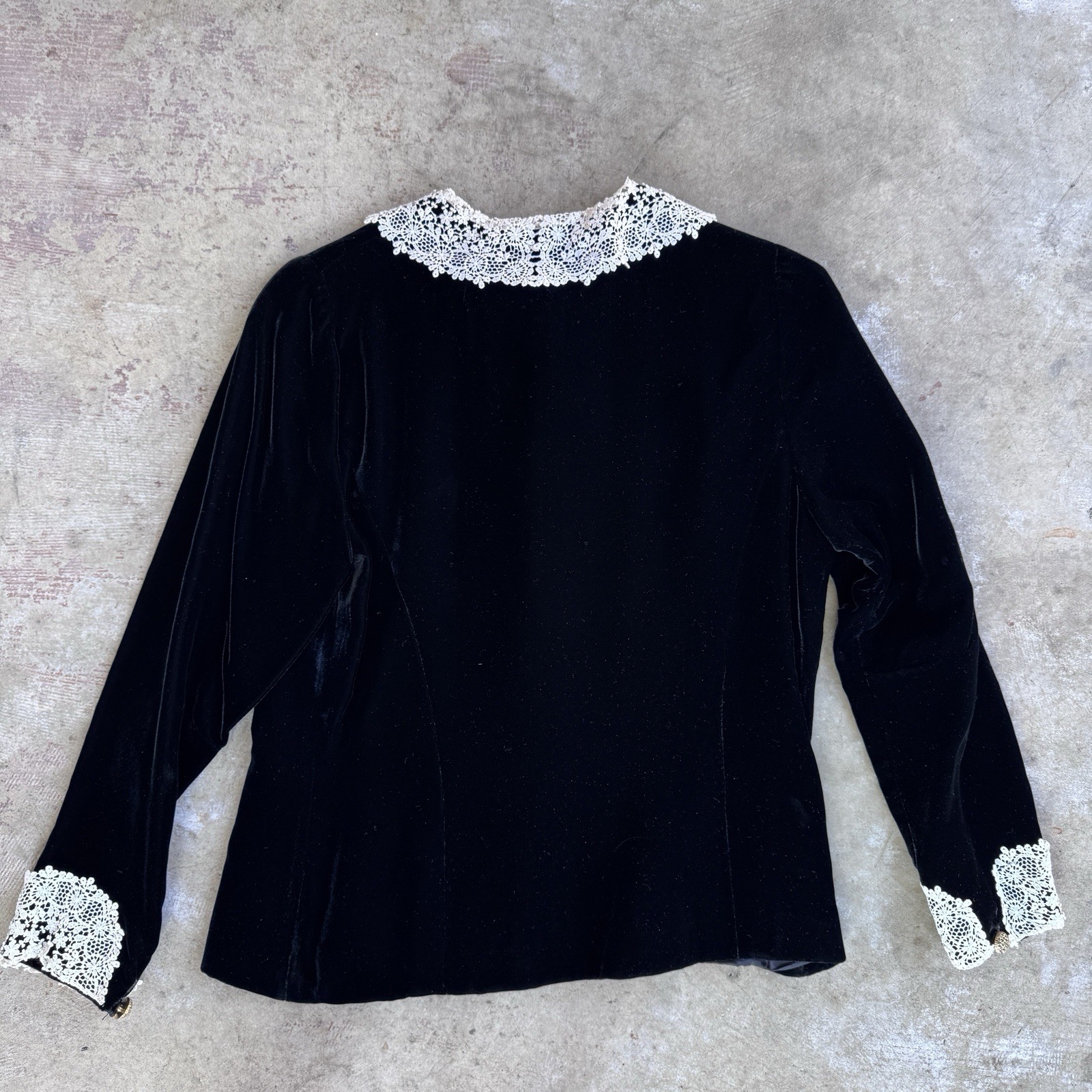 Vtg 80s Celine Velvet Blouse Lace Peter Pan Collar Jacket Tie Ribbon Silk Paris