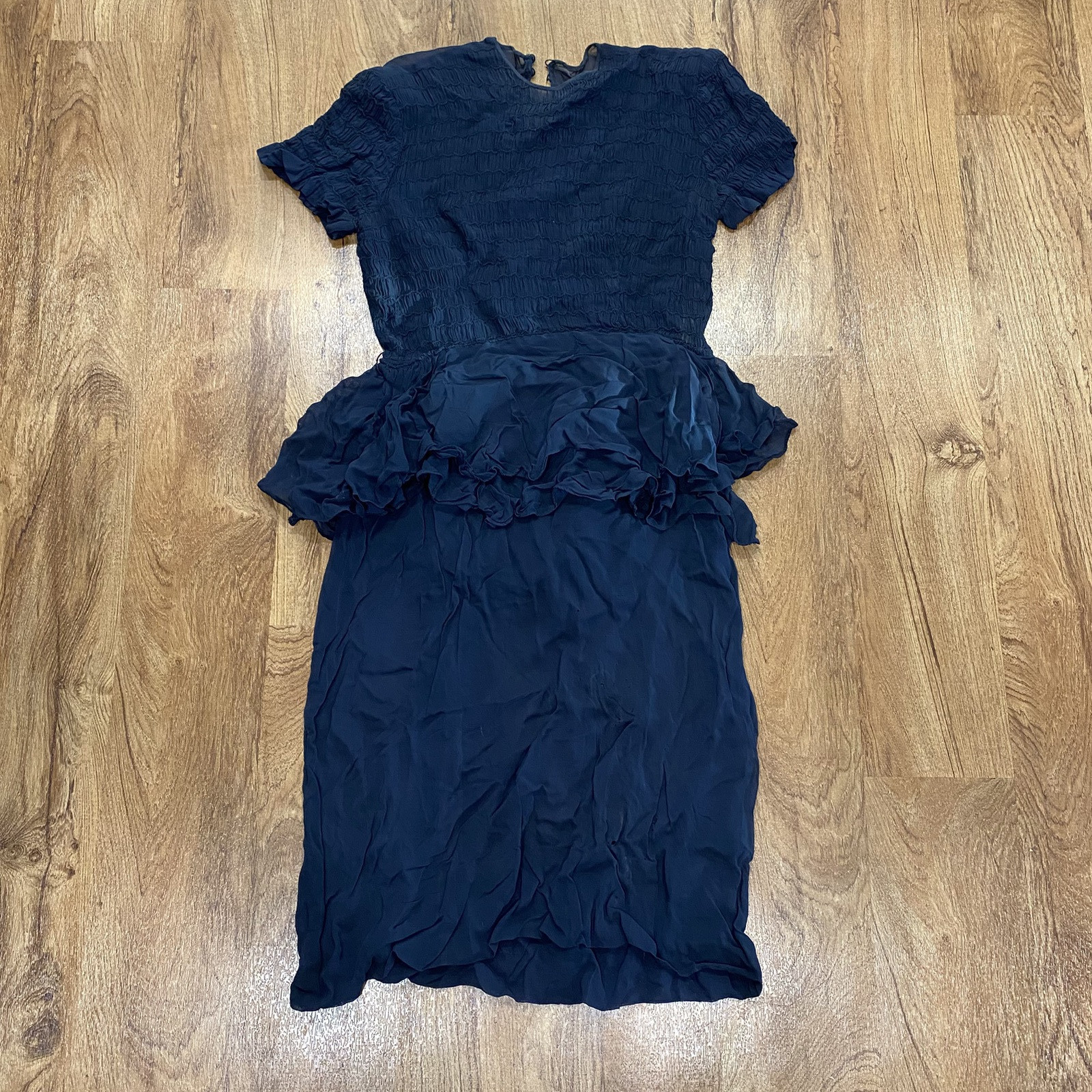 Vintage 1950s Handmade Blue Dress Metal Side Zip Button Neckline Ruffled Waist