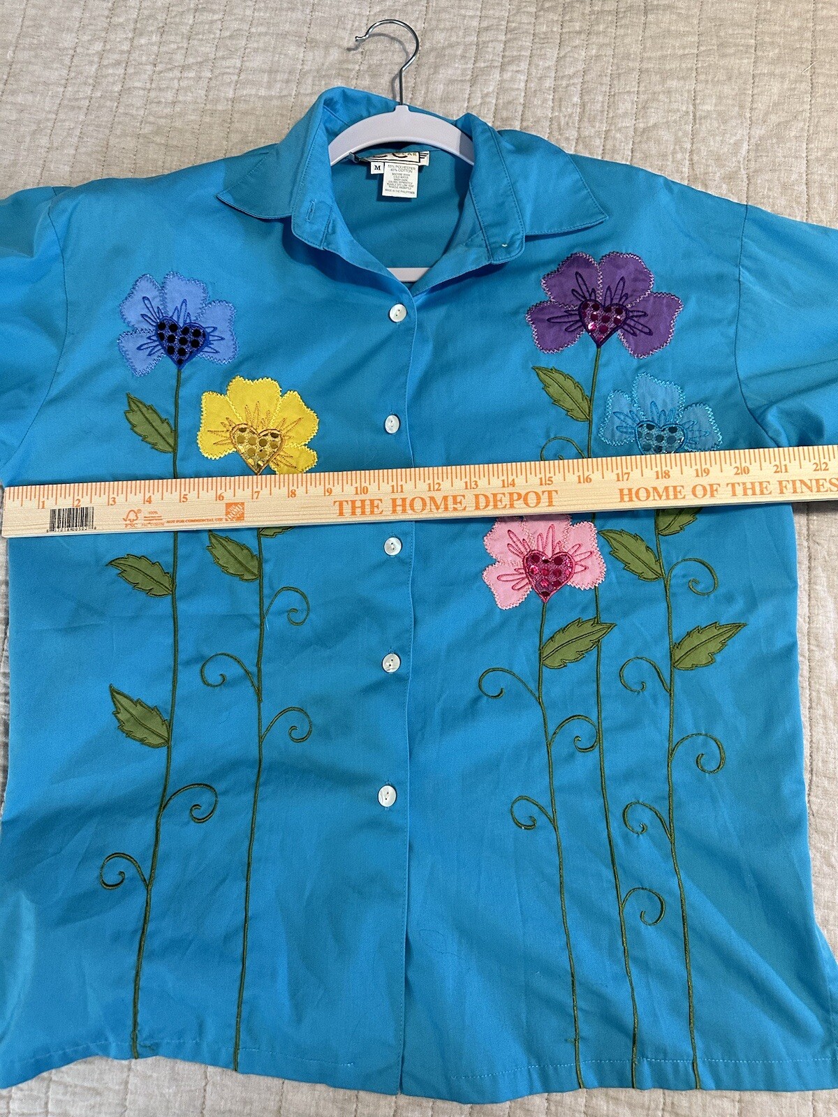 VTG Artsy CC Sportswear Blouse Button Up Womens M Embroidered Flowers Whimsical