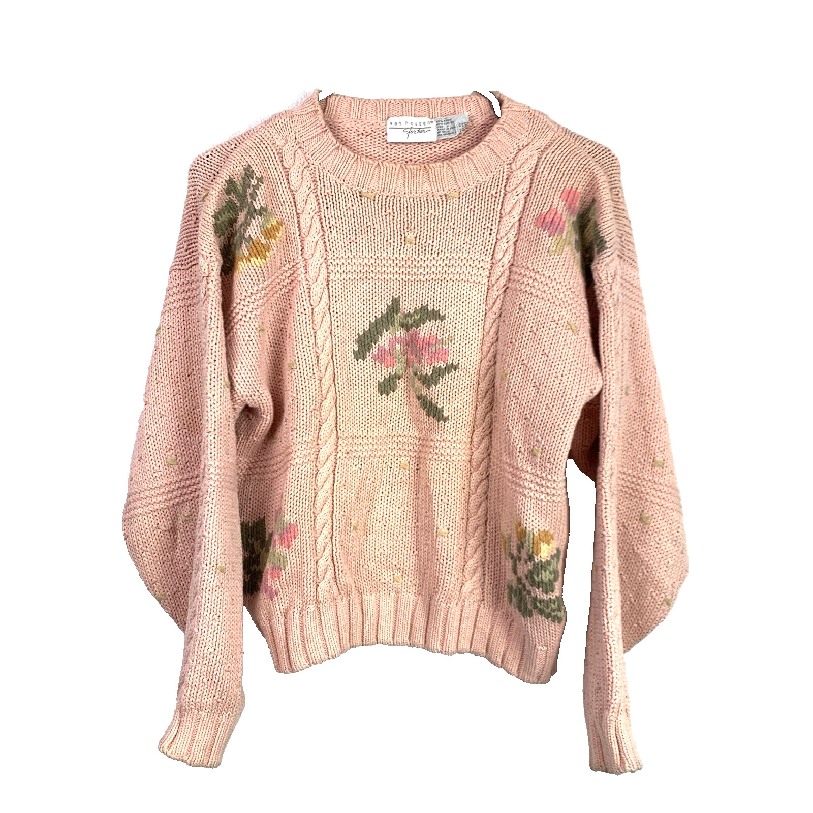 Vintage Van Heusen Floral Pink Cable Knit Pink Ramie Cotton Sweater Womens Small