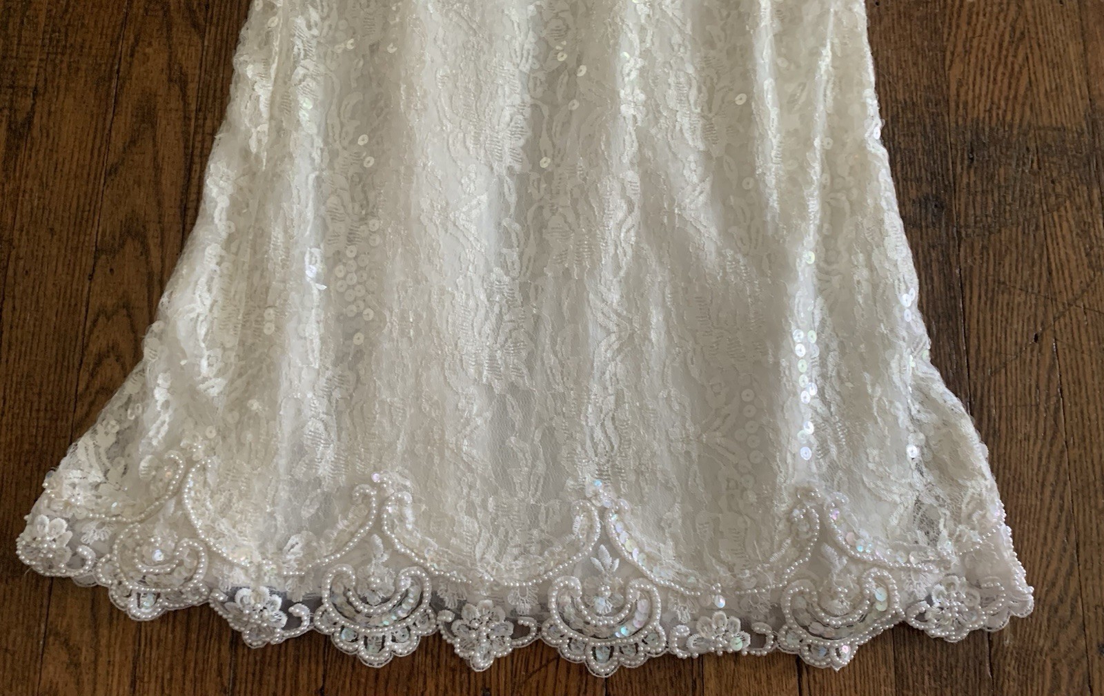 Vintage 80’s-90’s Sequin Beaded Ivory Formal Dress Gown Bow Sleeves Wedding Prom