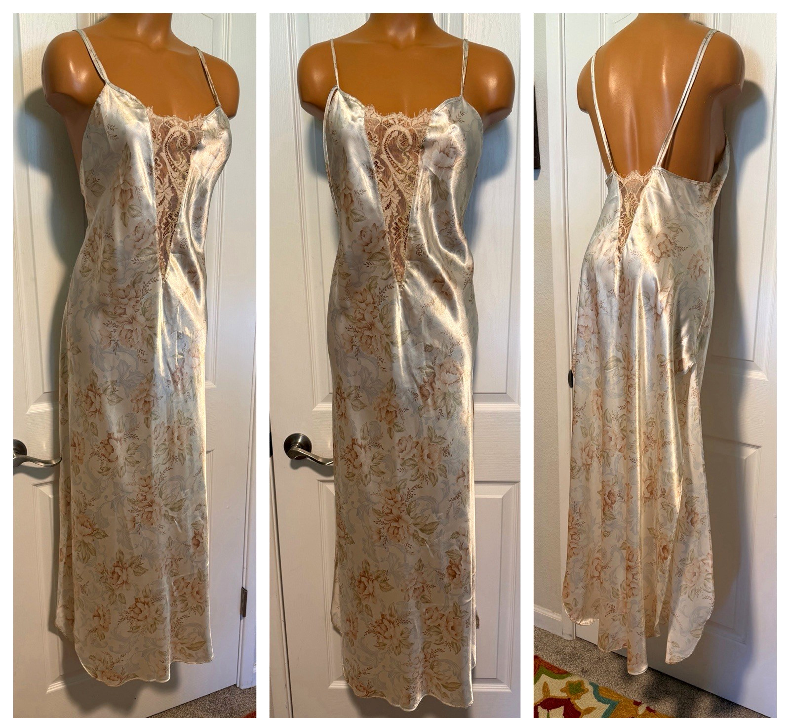 VTG Y2K JESSICA LYNN IVORY FLORAL SATIN W/ LACE INSETS LOW BACK NIGHTGOWN SZ L