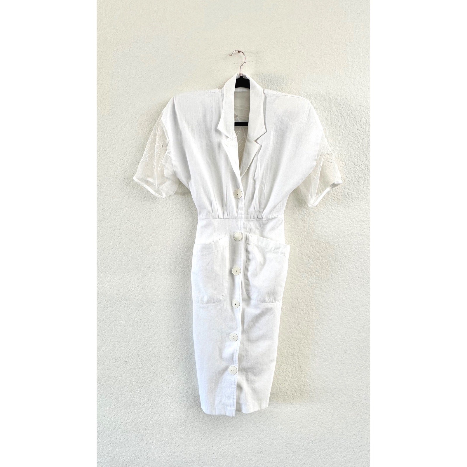 Vintage Linen Midi Dress Womens S White Mesh Embroidered Leaf Button Front