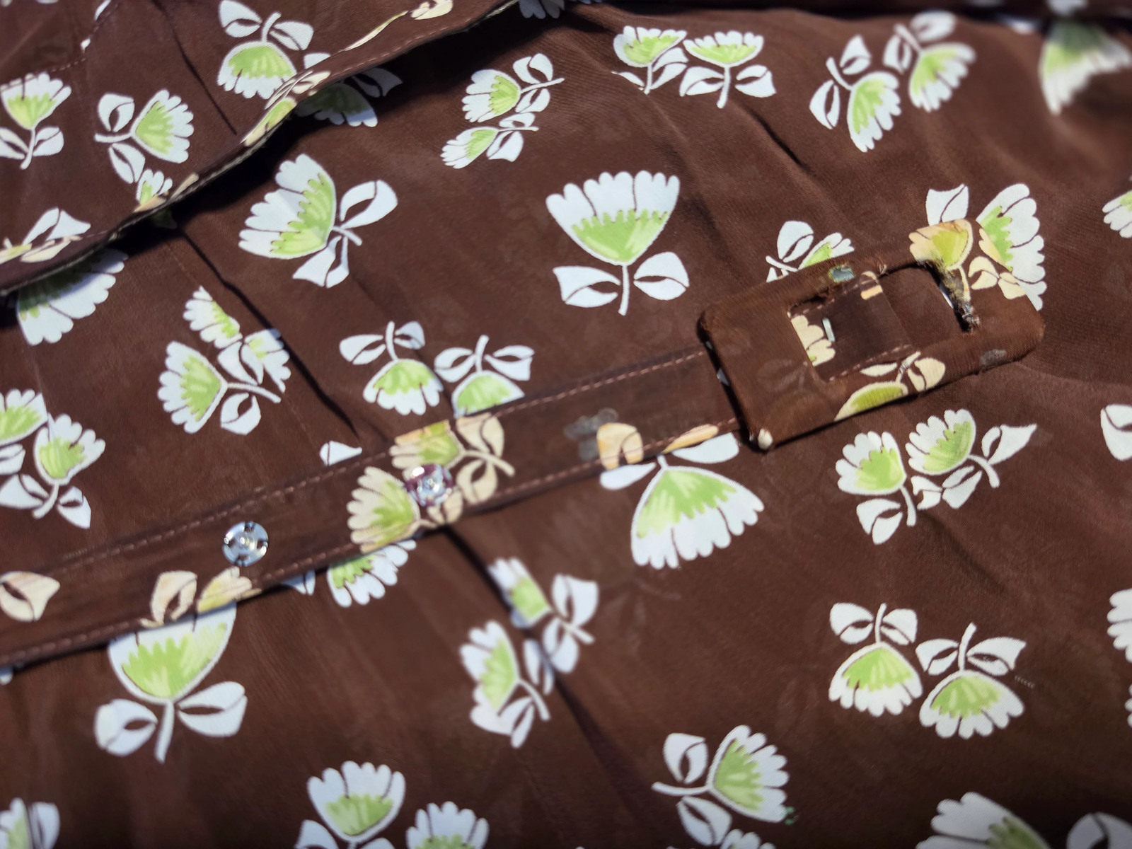 Vintage 1930s 1940s Brown Peplum Dress Flower Print Tulip Novelty (34″ waist)
