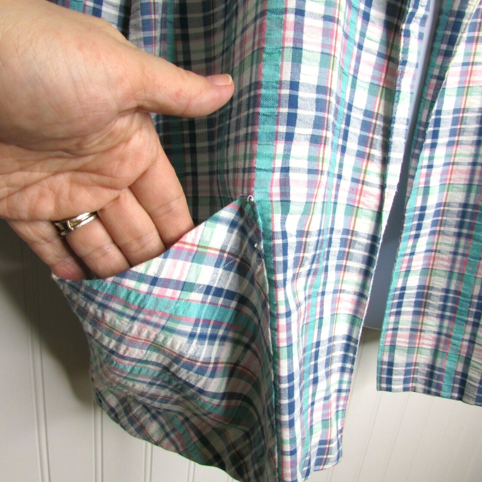 Vintage Blue Plaid Seersucker Jacket Blazer Size 14 Coastal Pockets Open Front