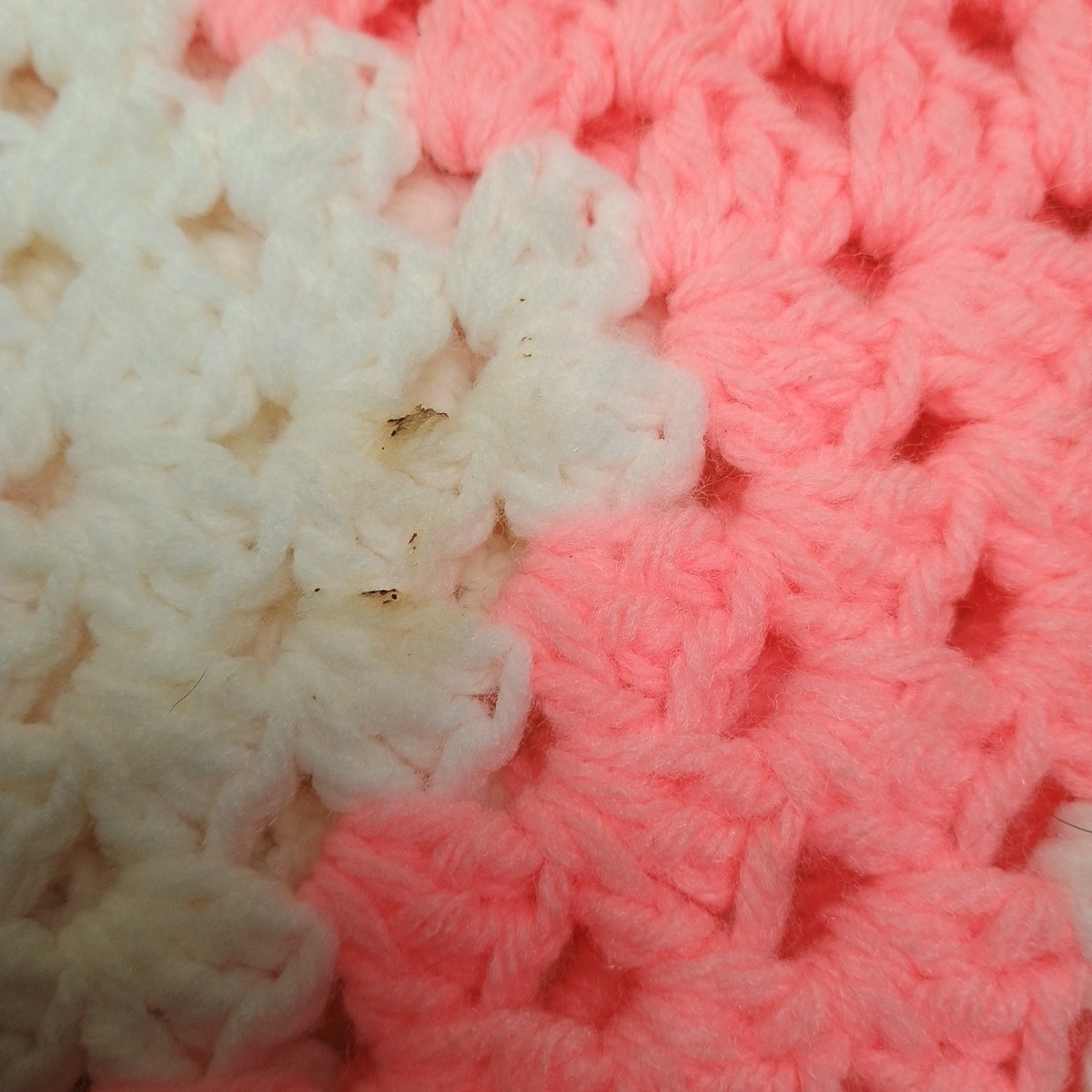 Hand Knit Granny Square Shawl, Cape, Wrap With Fringe Small Pink White Vintage