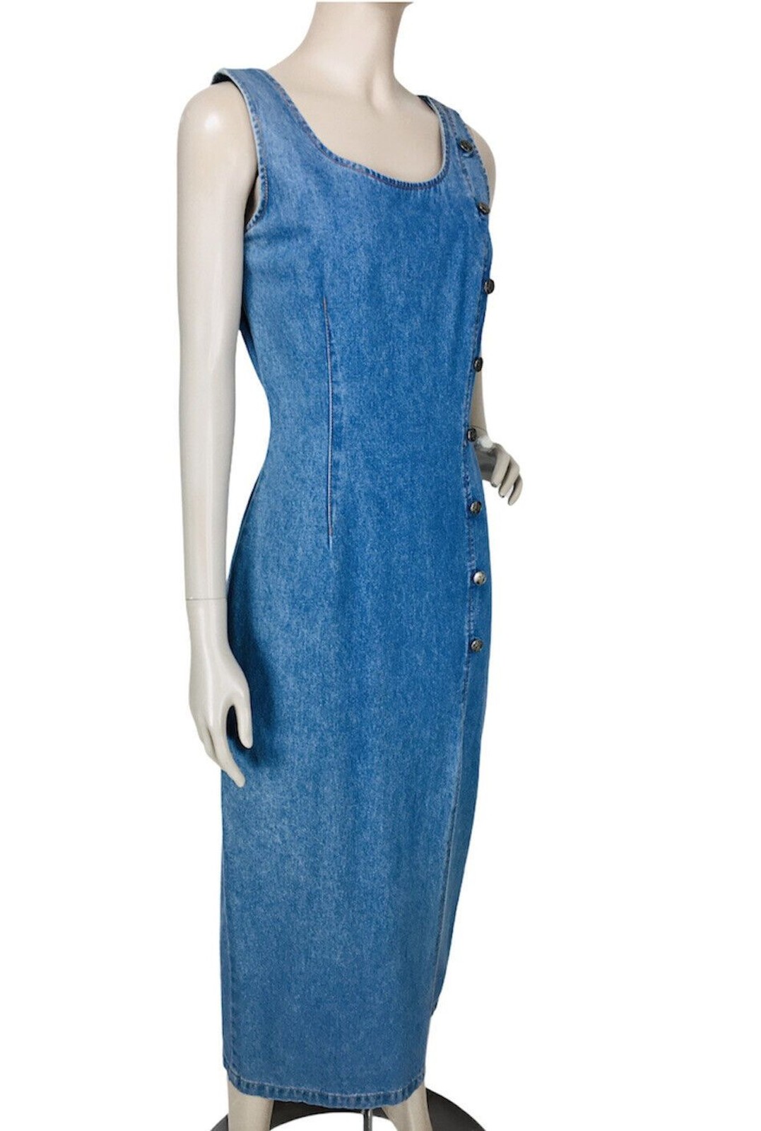 VTG 80s Bombshell Hourglass Denim Thigh-Slit Front Side Button Jean Dress NOS