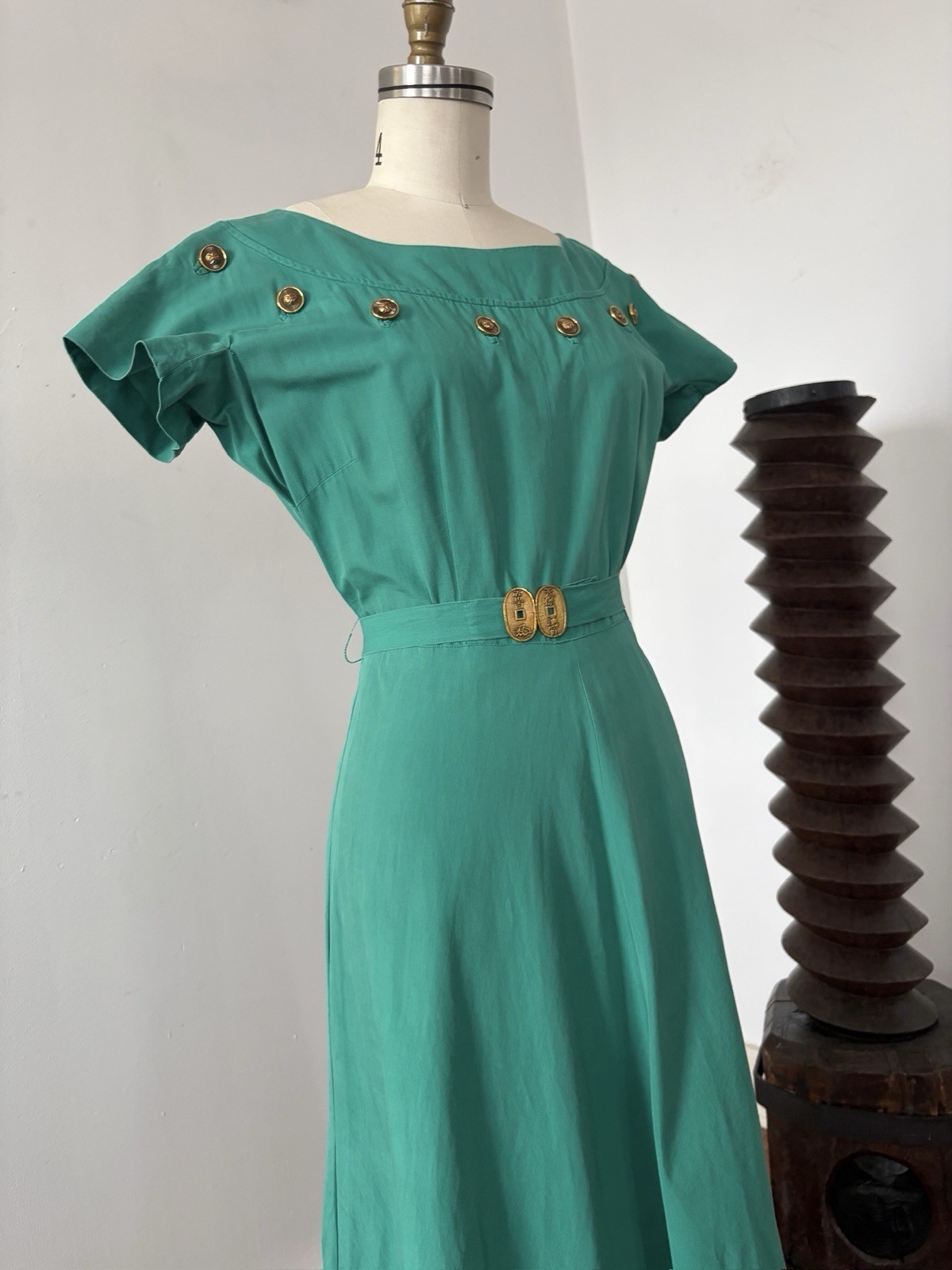 1950s Jade Green Polished Cotton Day Dress Midi Bateau Neck Crest Buttons Resort