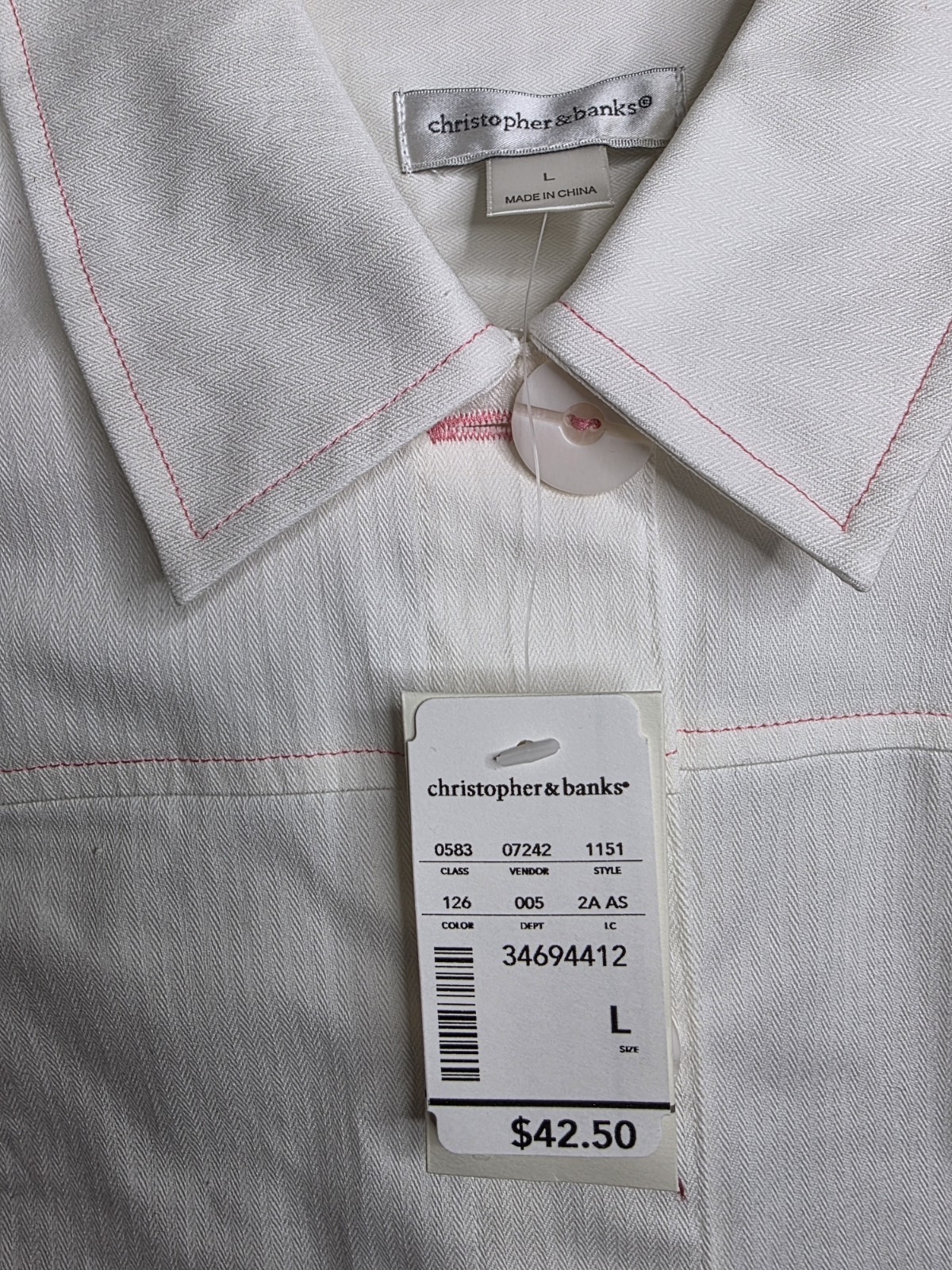 Christopher & Banks Vest Womens L White Pink Sleeveless Button Up New W Tags
