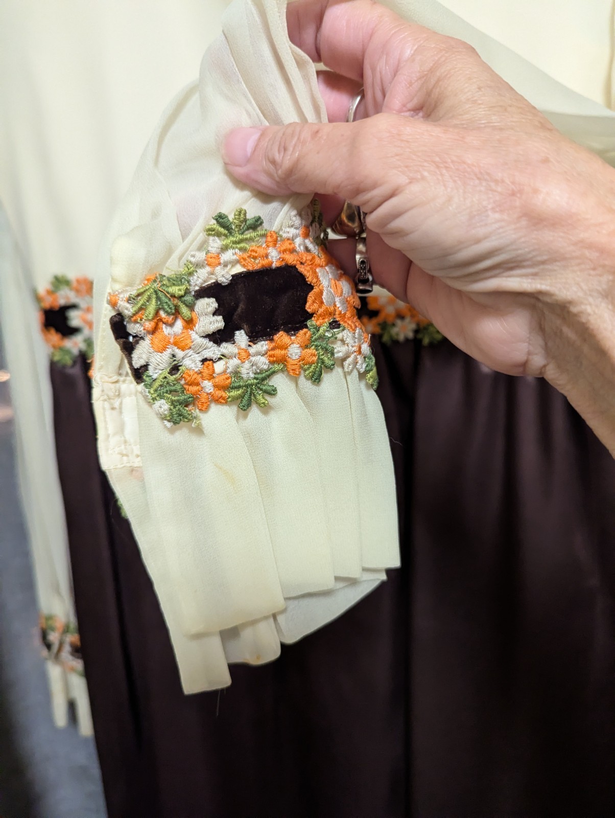 60s 70s Maxi Gown Satin Chiffon Sleeves Brocade Flower Trim