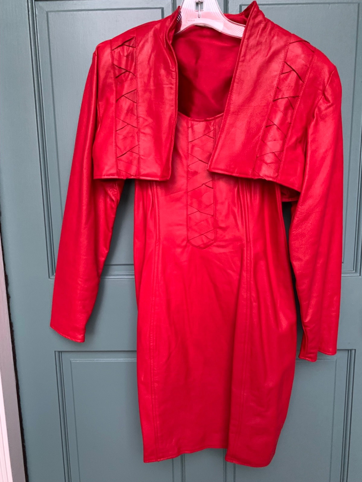 Vtg80’sLeatherBustier Dress & Jkt Red Lattice Trim Brazen szS/M Excellent cond