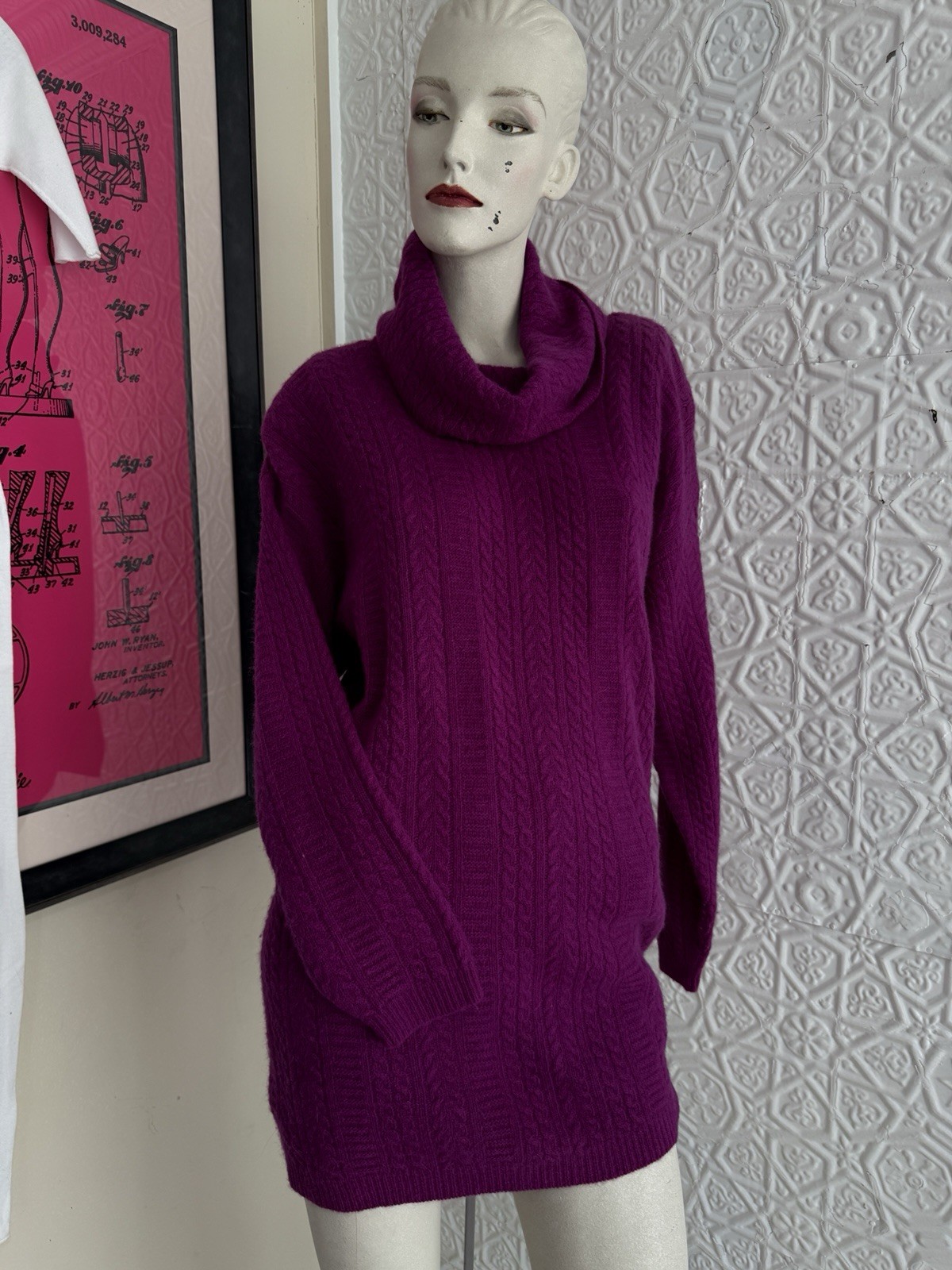 vintage sweater 1980s lambswool angora cable knit turtleneck pink M oversized