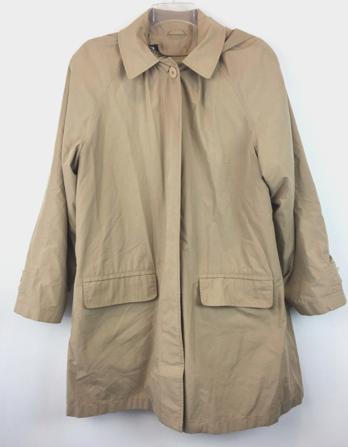 London Fog Trench Coat Womens Medium Beige Zip Out Lining Hood Classic Old Money