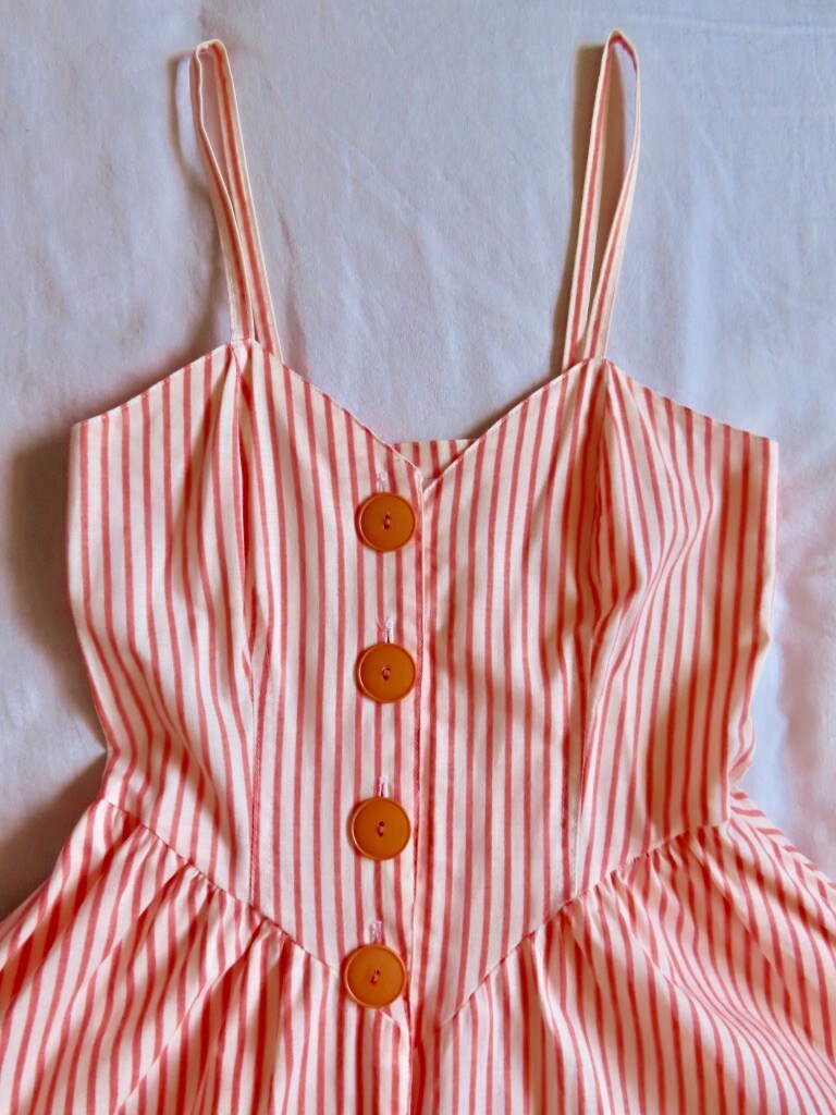 1990s Vintage Orange Stripe Pockets Hang Ten Full Skirt Dress sz XS / 32″ chest