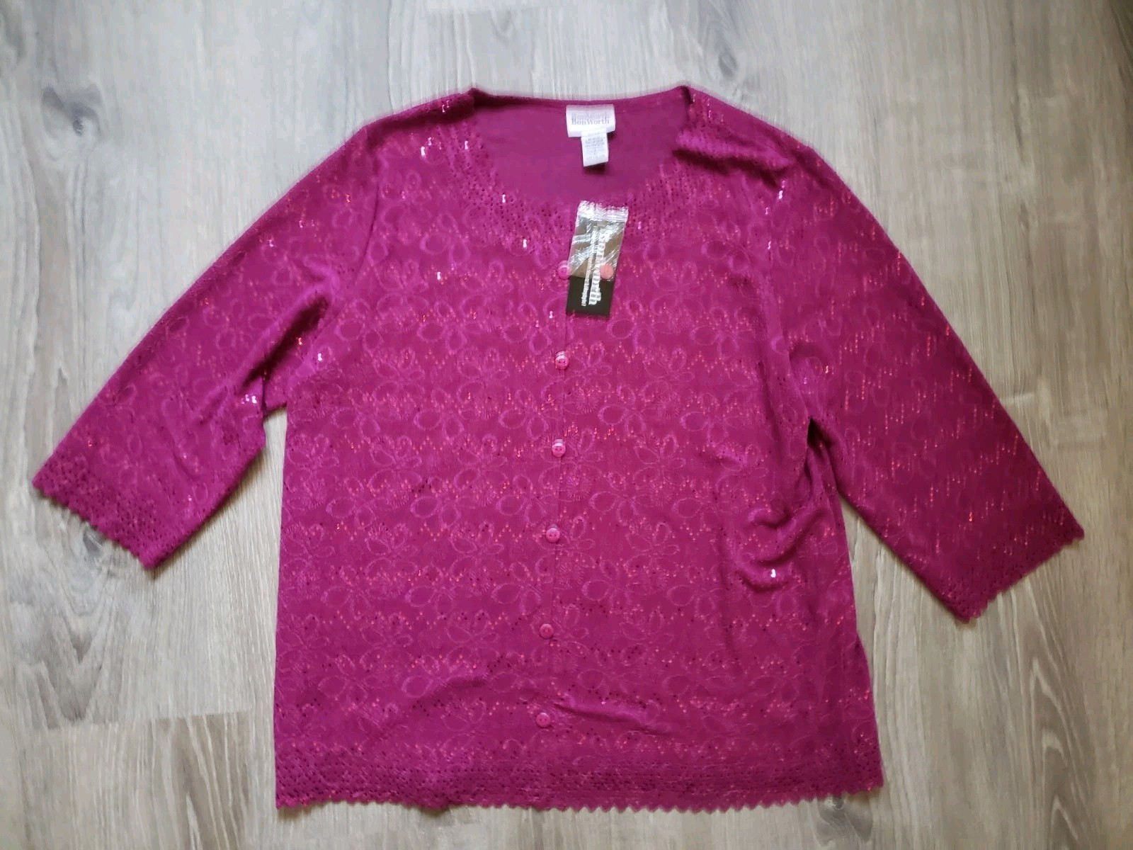 VTG Bonworth Womens L Top Floral Sparkly Button Accent Stretchy Cutout NWT