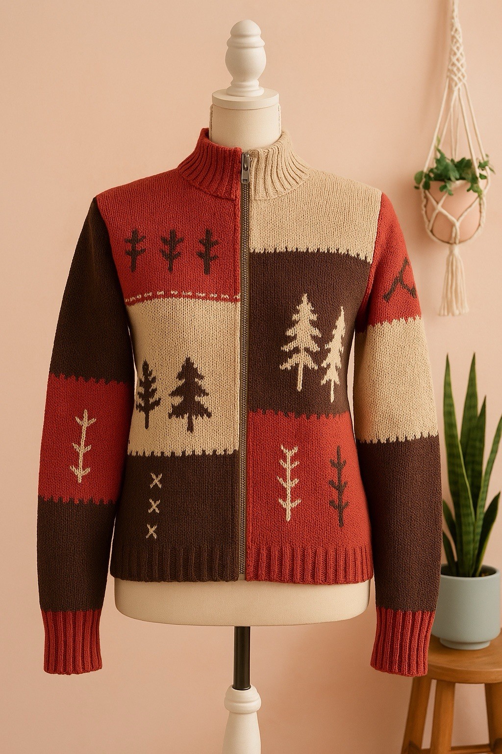 Vintage Mandal Bay Patchwork Sweater Trees Zip Up Ramie Wool Blend XL Grannycore