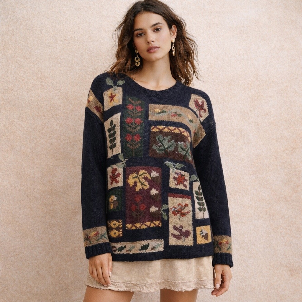 Vintage Floral Novelty Knit Floral NavyOversized Sweater M