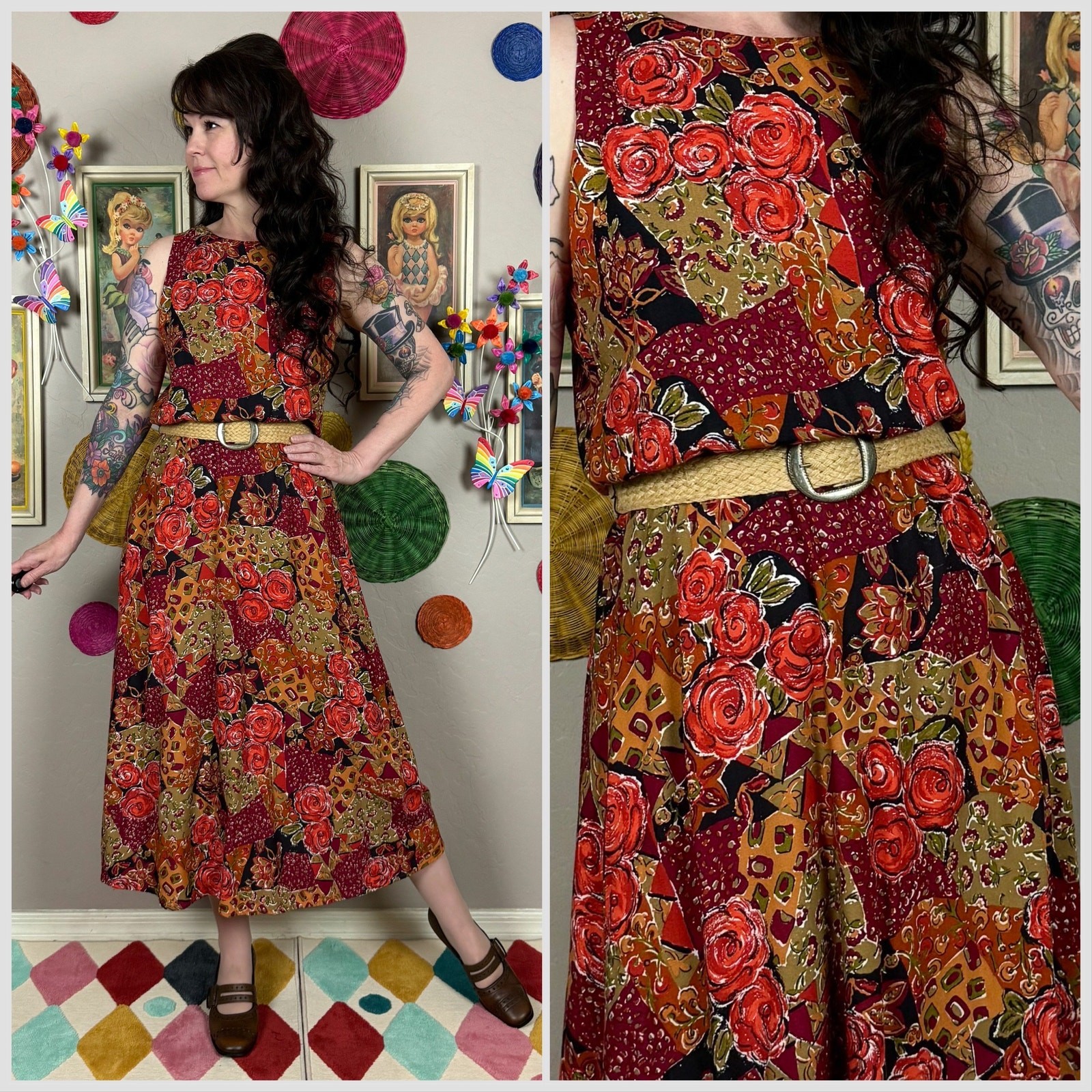 Vintage 1980s Sleeveless Floral and Patchwork Print Belted Midi Dress | S/M