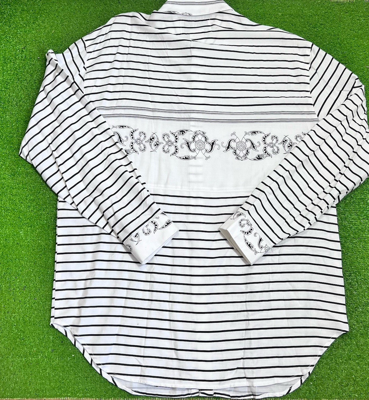Vintage 70s Button Up 2XL Black White Stripe Floral Motif Leaf Scroll USA Made