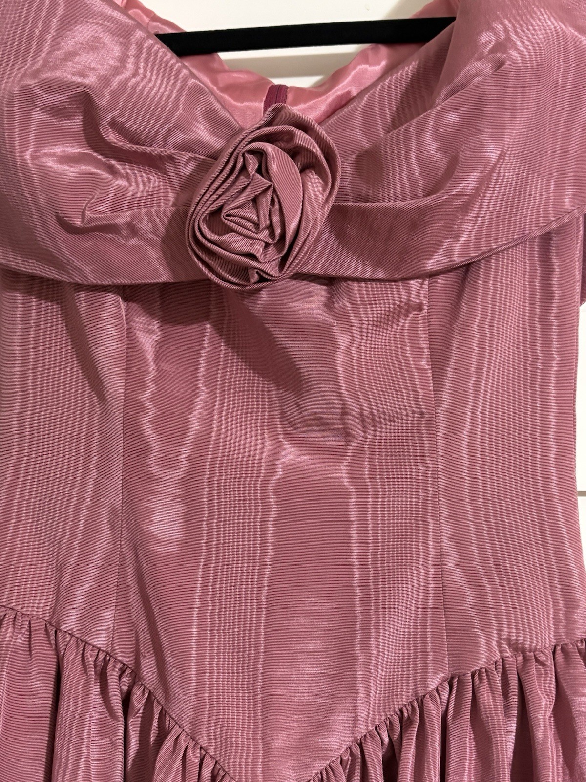 Vtg Handmade Rose Pink Moire Taffeta Dress 80s Basque Waist Rosette Prom Small