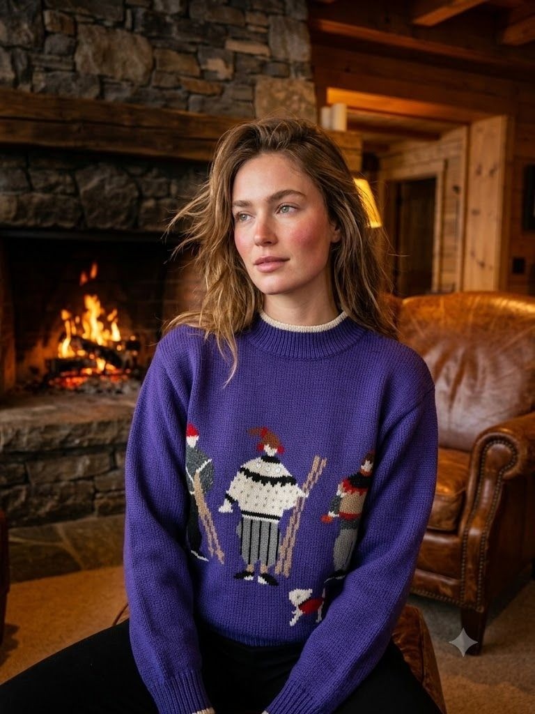 Vintage 80s Ski Sweater Purple Acrylic Knit Novelty Graphic Retro Winter Aesthet