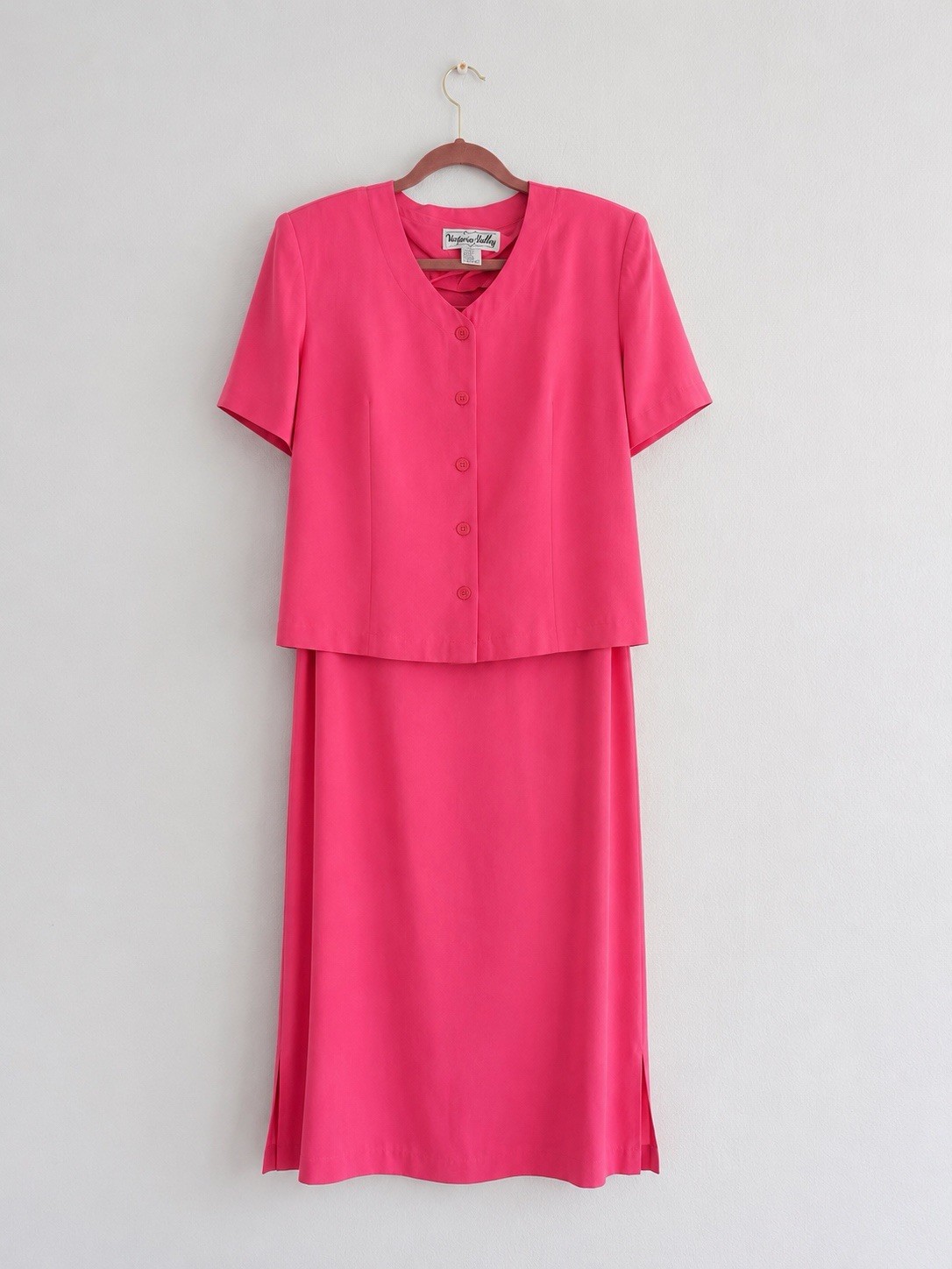Victoria Holley 100% Silk Pink 2 Pc Dress Suit Set Women’s Size L NWT Vintage