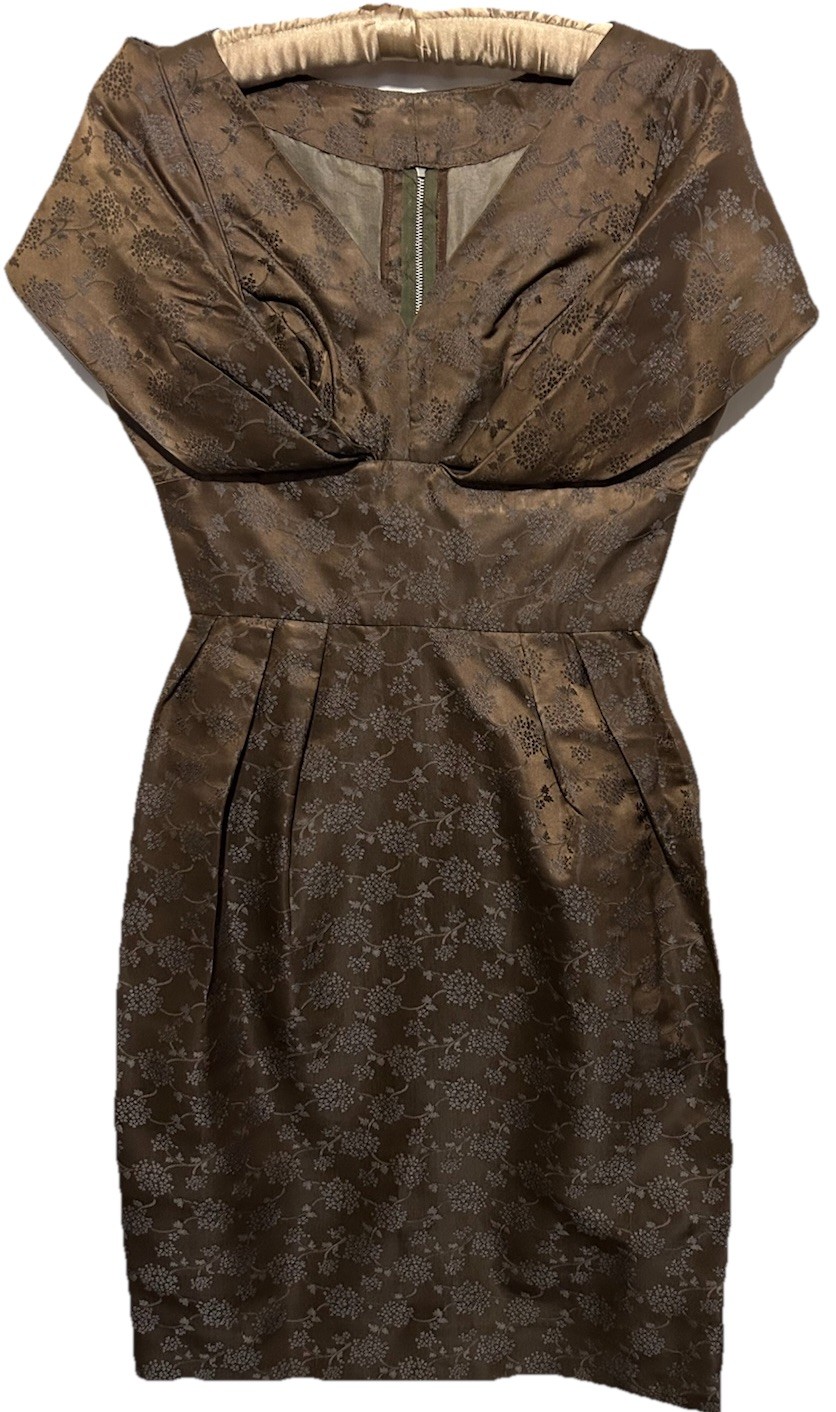 Vintage 60s Lee Claire Dress Brown Satin Brocade Embossed Floral Cocktail Party