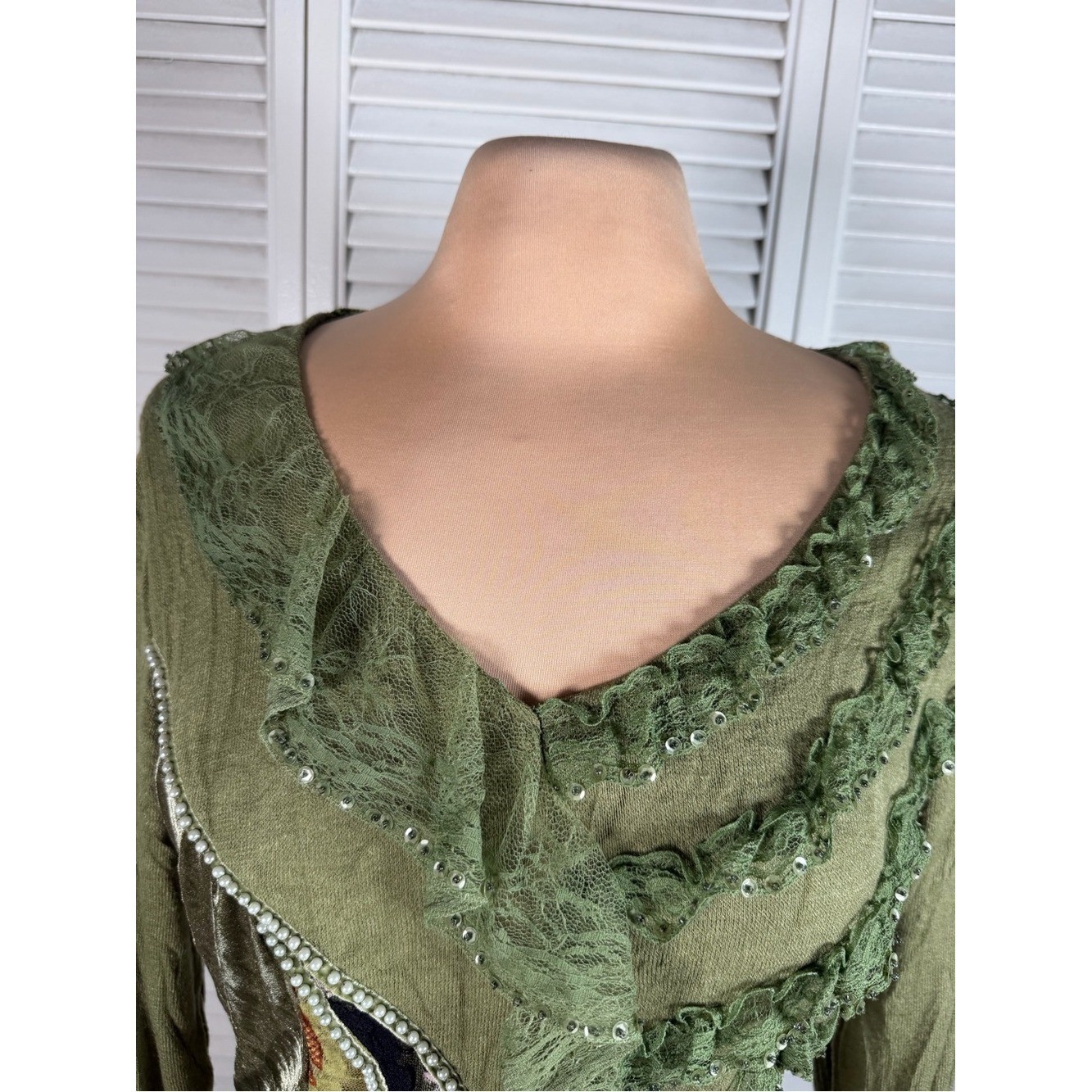 Olive Green Boho Patchwork Lace Tunic Top Fairy Grunge Y2K Boutique