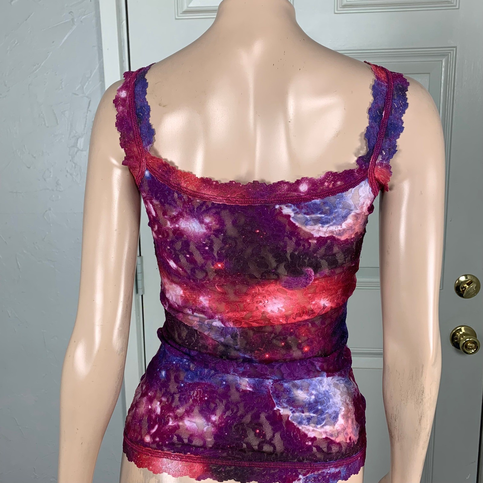 Vintage Y2K Hanky Panky Shirt XS Lace Sheer Nylon Galaxy Universe Stars Tank D15