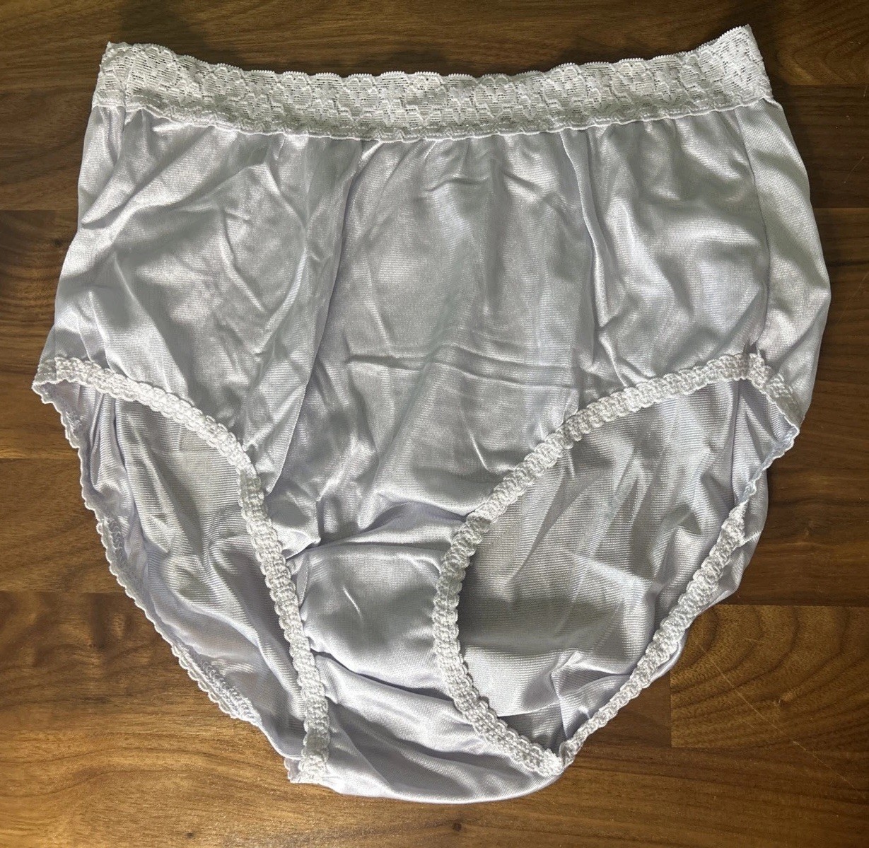 Vtg Fruit Of The Loom Panties Sz 6 Lilac Silky Nylon Lace Hi Cut Side Tag NOS