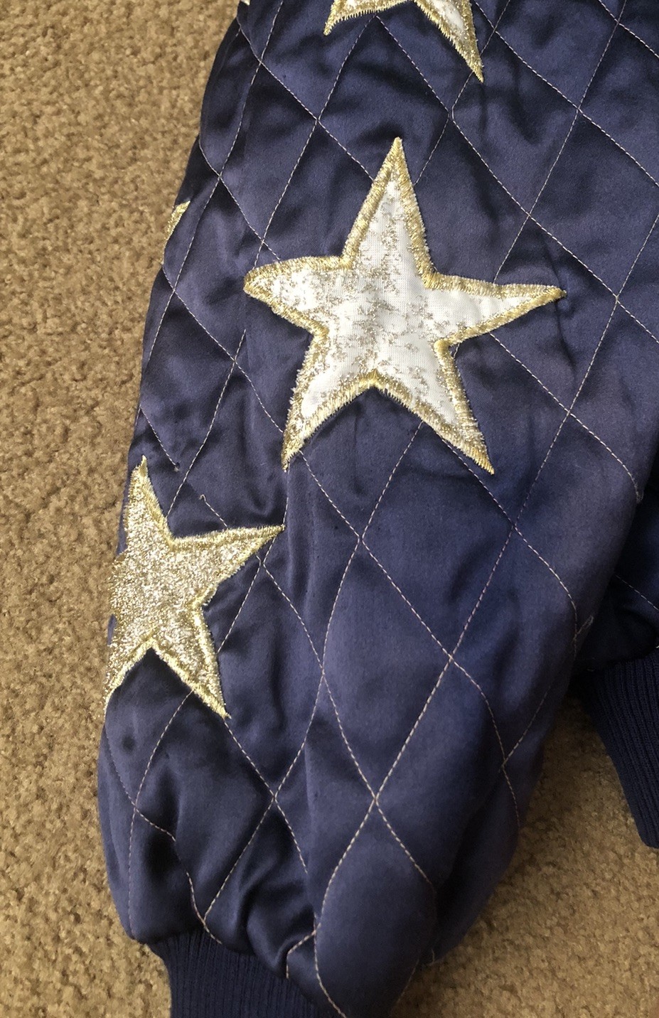 80s Satin Quilted Bomber Puffer Jacket Womens M? Embroidered Gold Stars READ