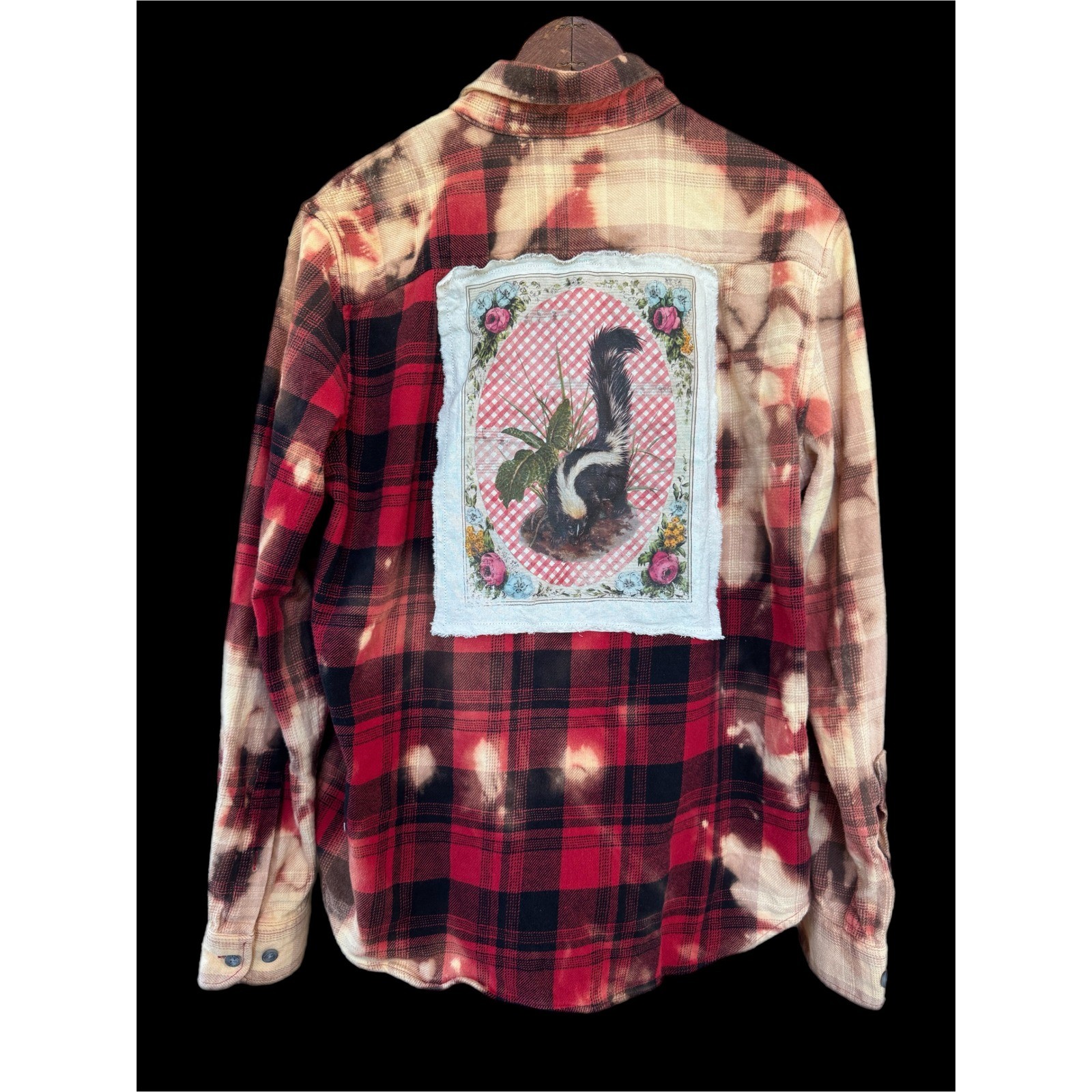 Vintage Skunk Upcycled Bleached Flannel Shirt Folk Art Medium