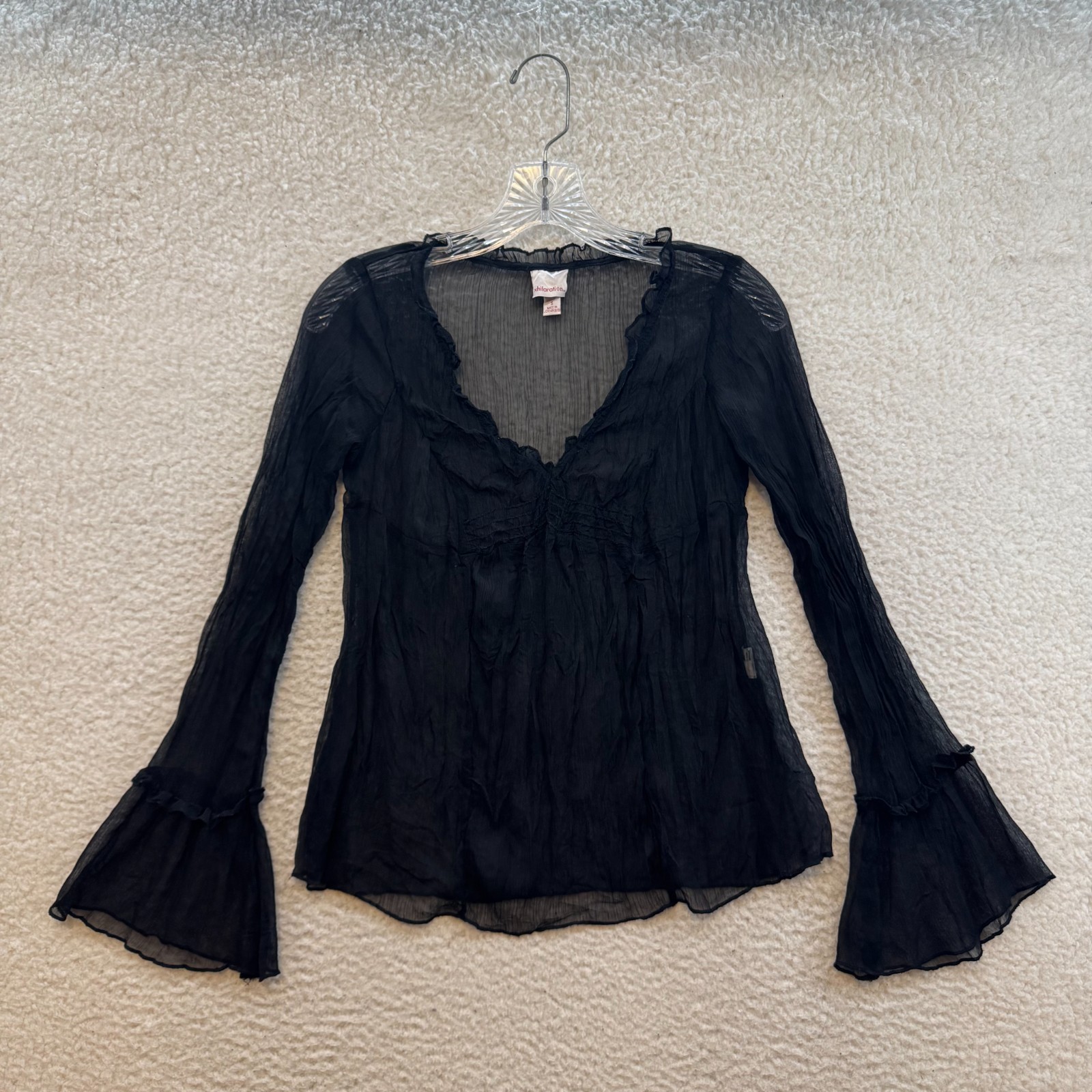 Y2K Vintage Xhilaration Black Sheer Mesh Blouse Top XS Small Flared Sleeve