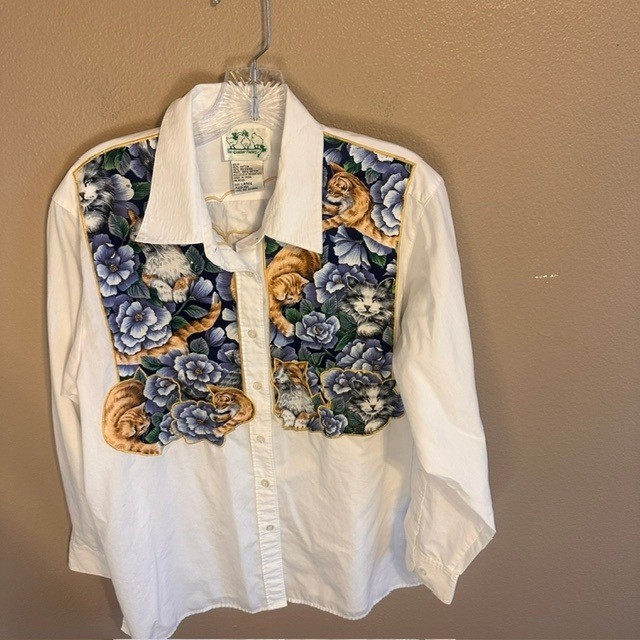 The Quacker Factory Vintage Women’s Cats Button Up Long Sleeve Shirt Blouse LG