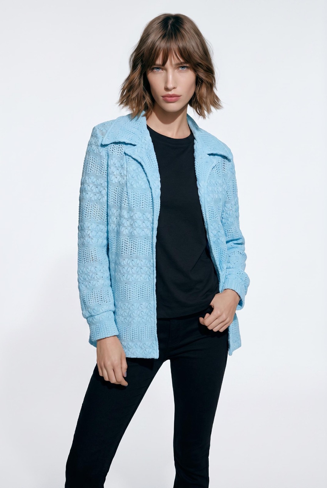 Vintage 70’s Textured Light Blue Open Front Blazer Jacket 40″ bust