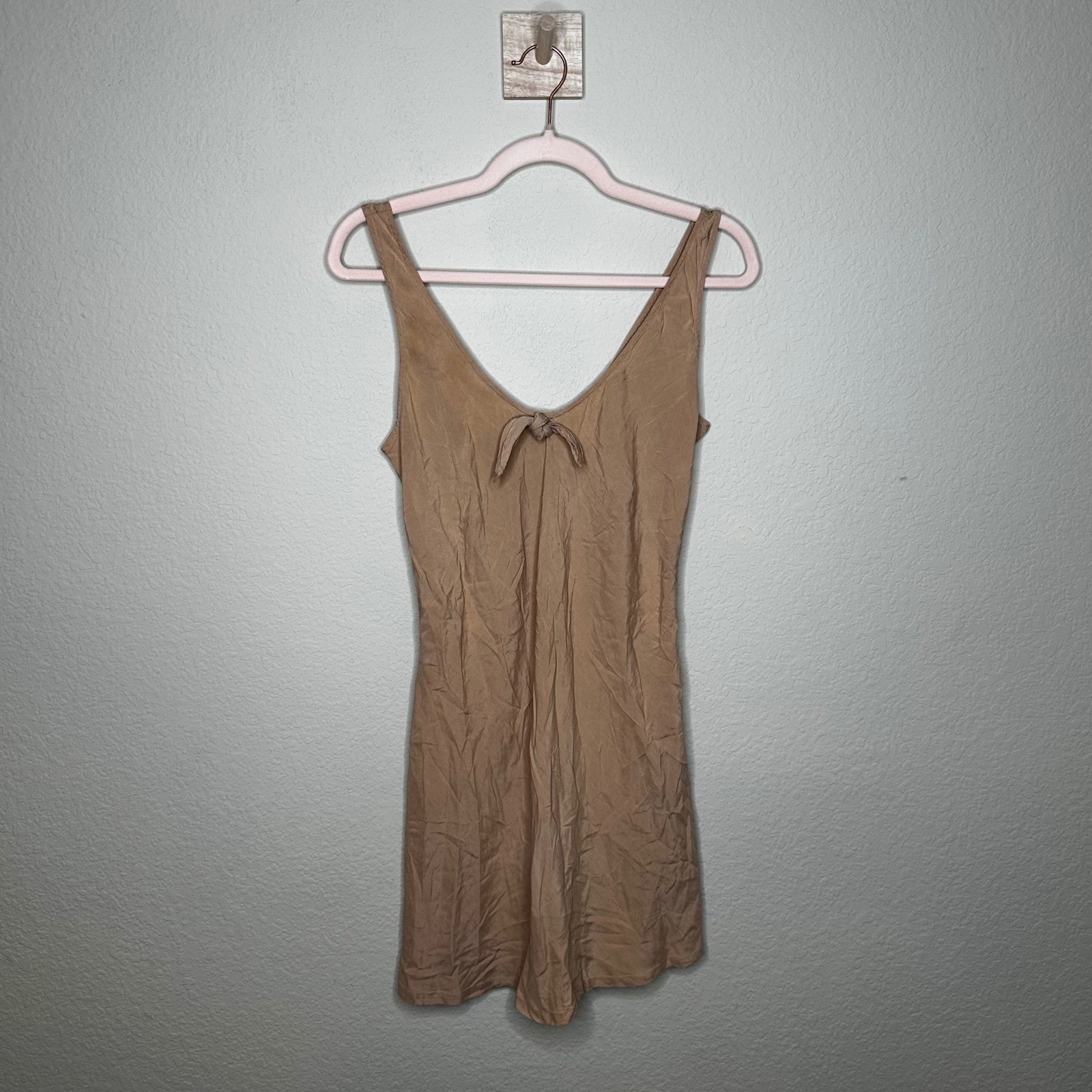 Victoria’s Secret Vintage Gold Label 100% Silk Tie Front Slip Dress Romper Tan P