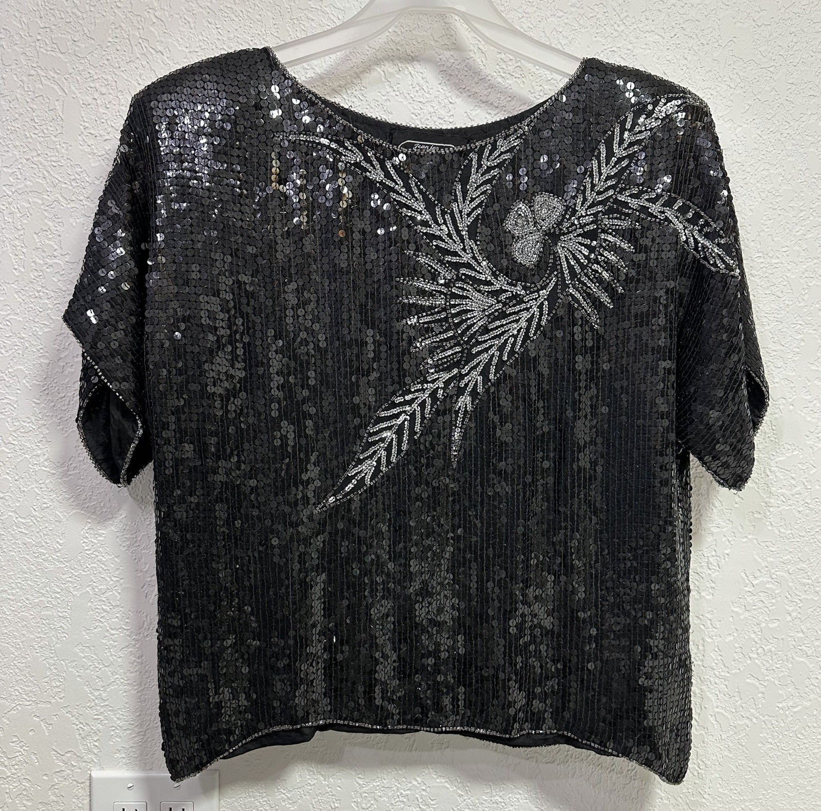 VTG Jean For Joseph Le Bon Size L Pullover Shrt Slve Sequin & Bead 100% Silk Top