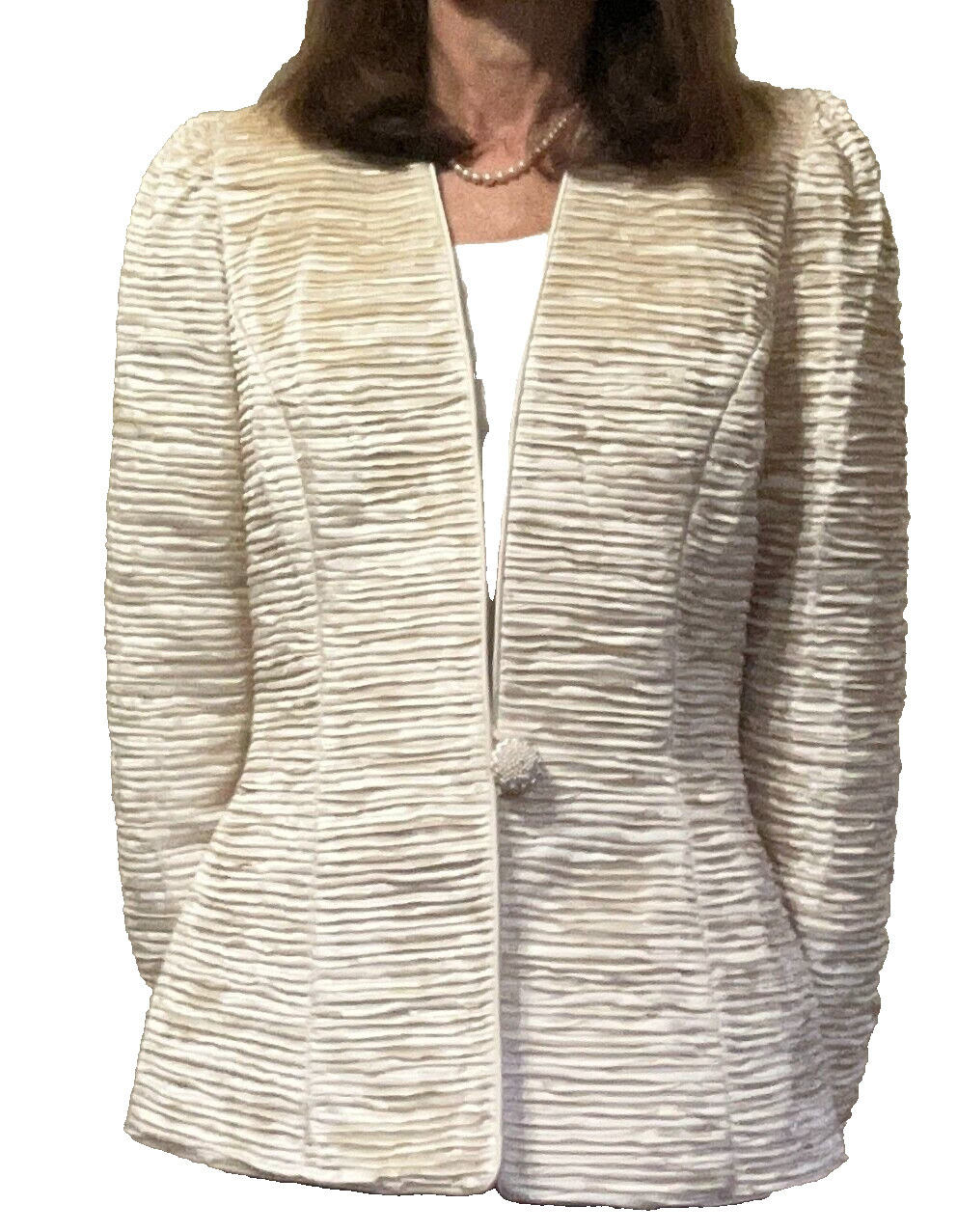Vtg Karen Lawrence by Matthew Pleat Formal Jacket, Cream w/Pearl Jewel Button, 4