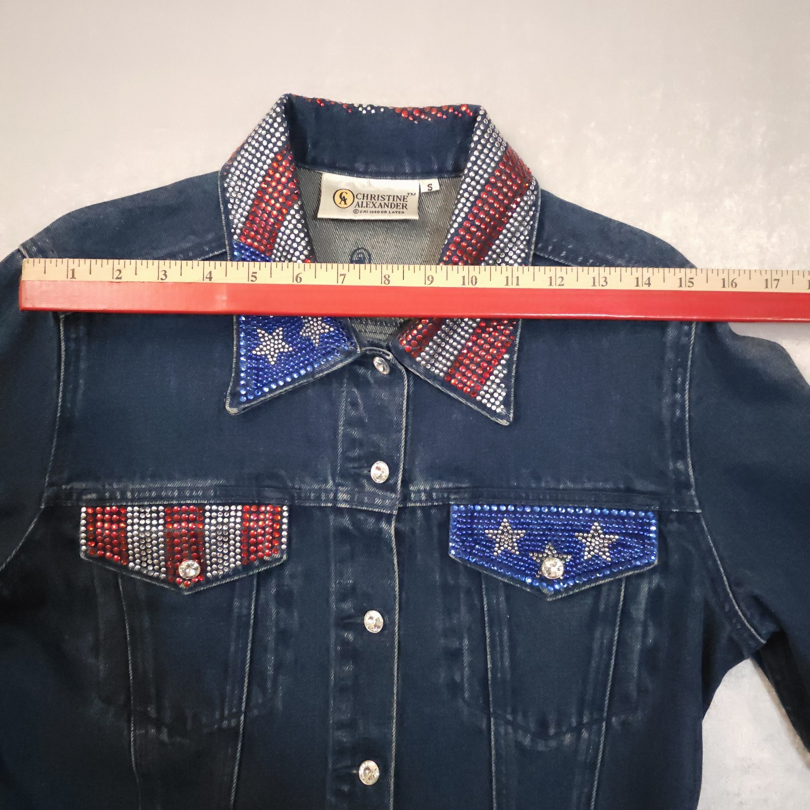 Vintage 90s Heritage Denim Rhinestone American Flag Jacket Christine Alexander S