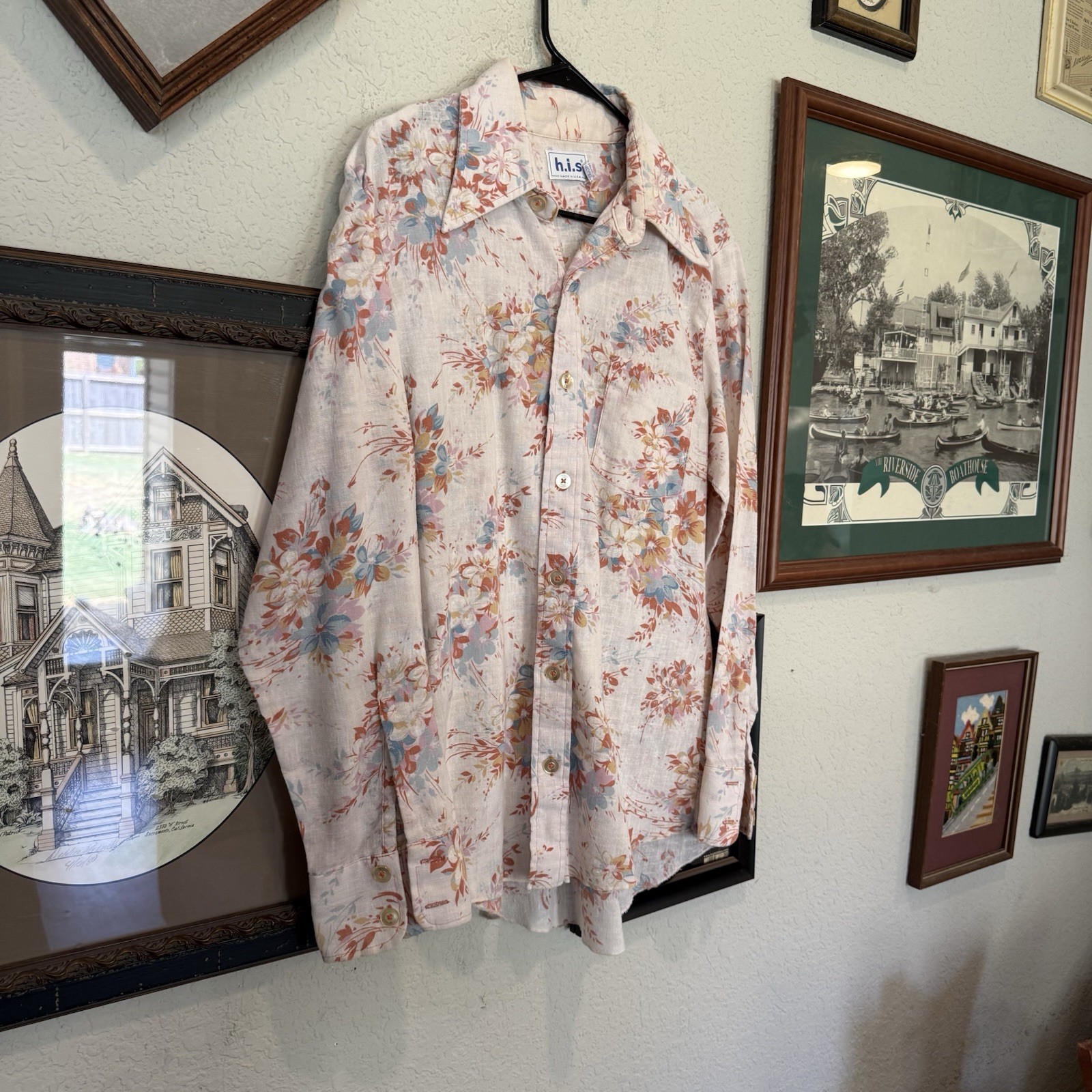 Vintage 60s/70s RARE H.i.s. Mens Floral Hippie Disco Button Shirt Size Large