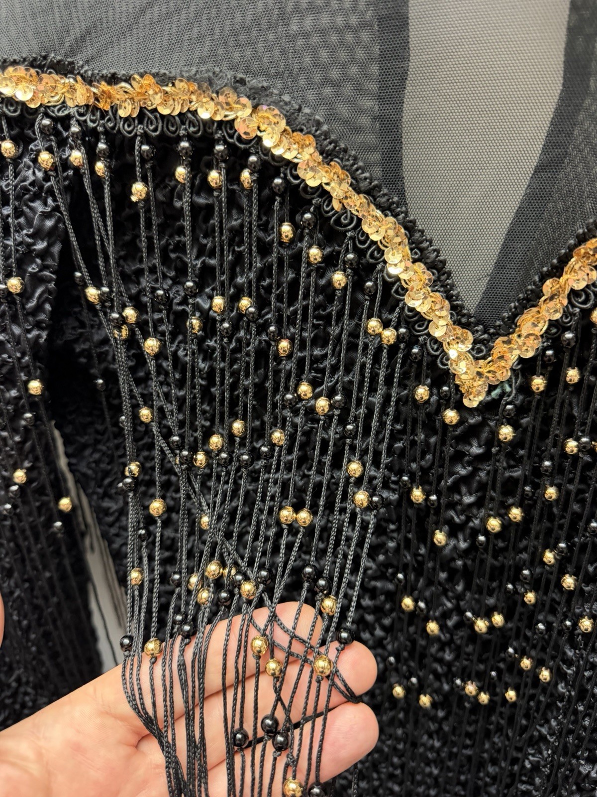 Vintage 4-U Stretch Dress XL Black Gold Beaded Made in New York USA
