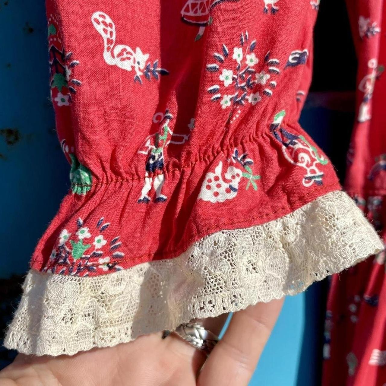 early 40s red cotton folk novelty Dutch girl & boy prairie dress pin tuck yoke