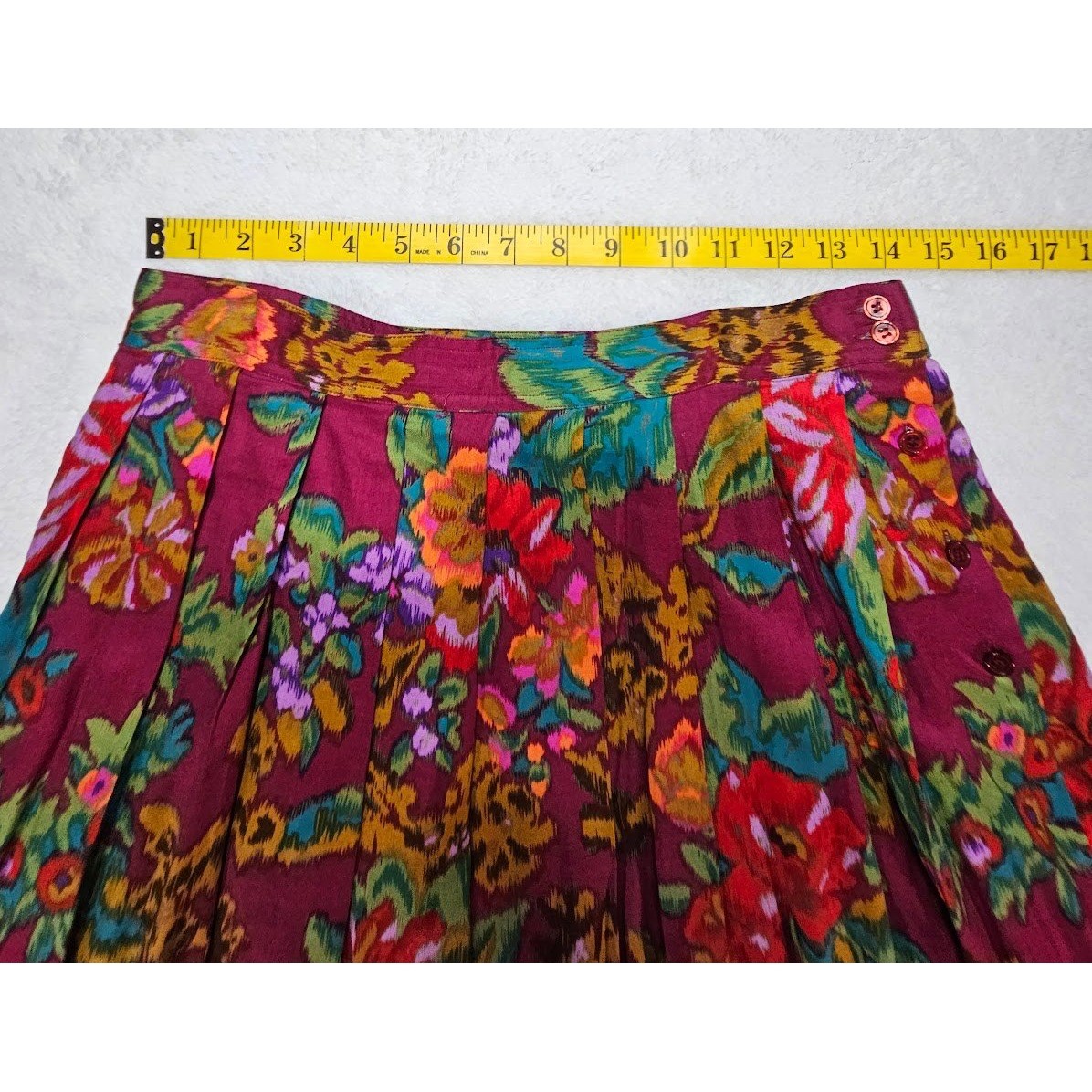 Segue Vintage Magenta Floral Pleated Rayon Midi Skirt Pockets Womens 14