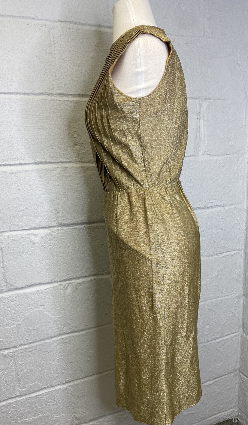 VTG 50s 60s Gold Lame Cocktail Party Dress sz 10 Medium Pleated Normay Hostess