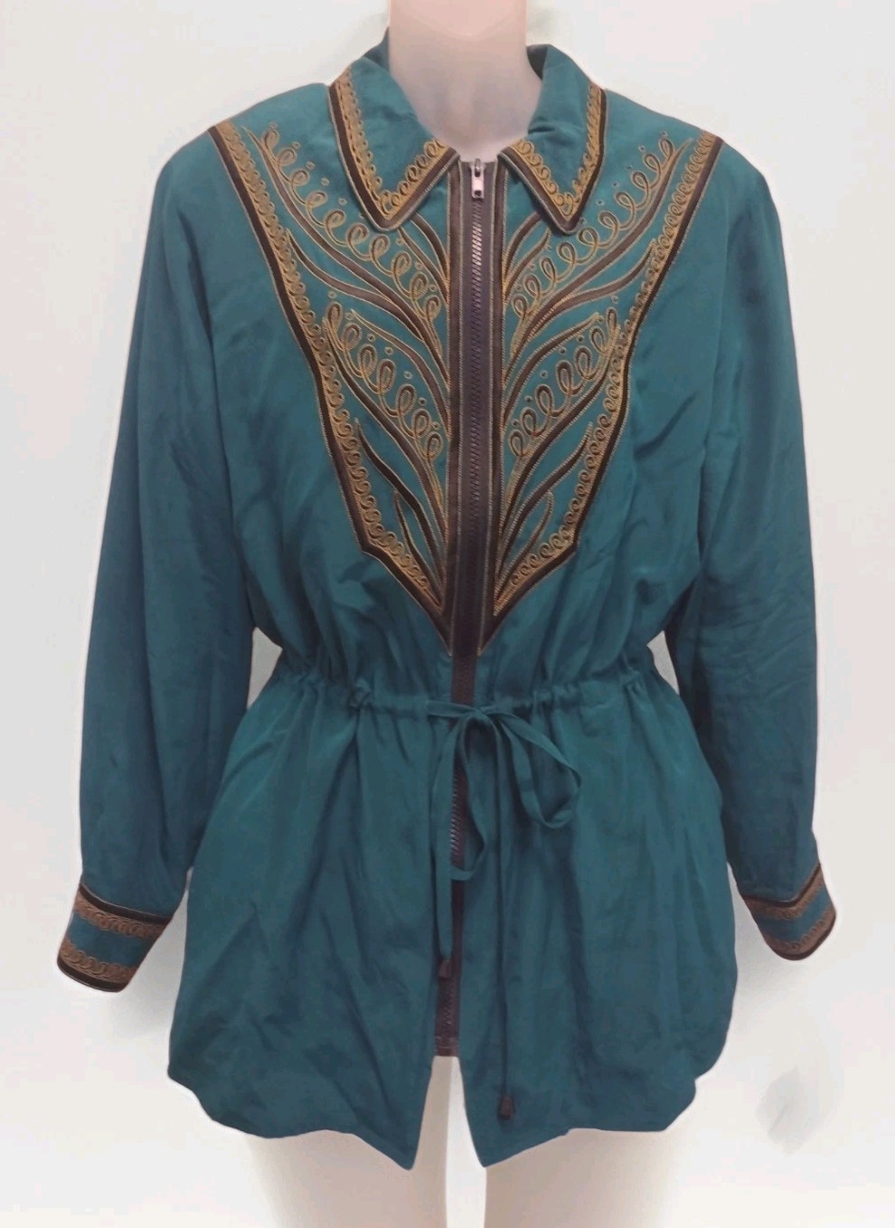 Vintage 80s Bob Mackie Wearable Art Silk Jacket Embroidered Teal Western Boho M