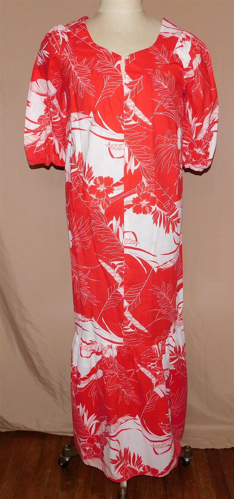 Vintage Hawiian Maxi Dress Red White Cotton Ruffle Skirt Hibiscus Flower Aikane