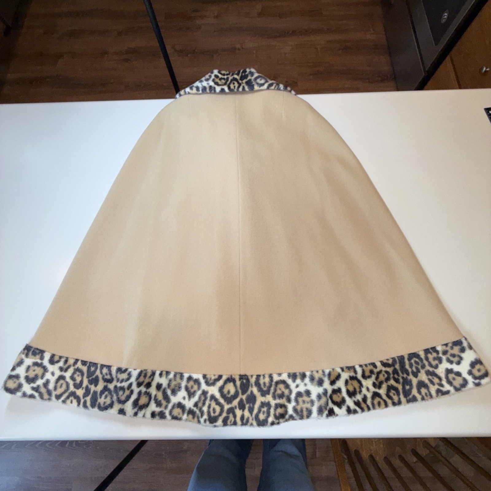 Vintage Camel Cape Faux Cheetah Fur Collar Double Breasted 70s USA Union Made