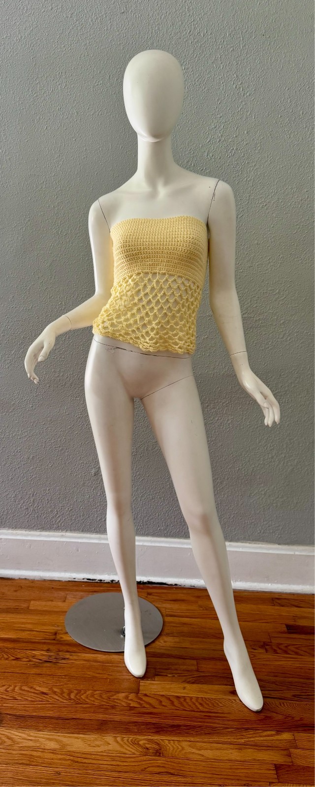 Vintage 70s Yellow Strapless HAND KNIT Hippie Tube Top Blouse XS/S