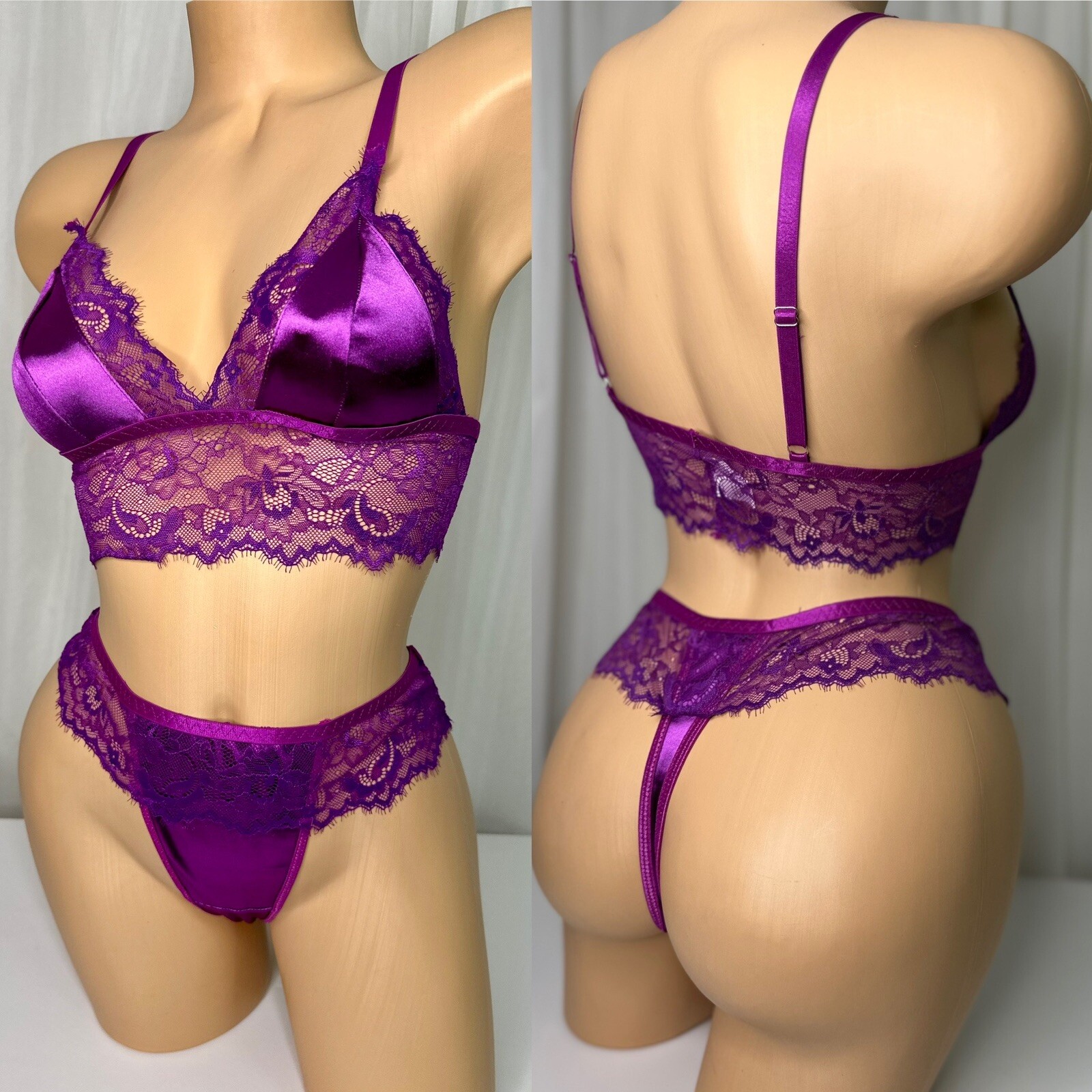M Violet Second Skin Satin & Lace Hi Cut Leg Thong Panties Bra Top Vtg Lingerie