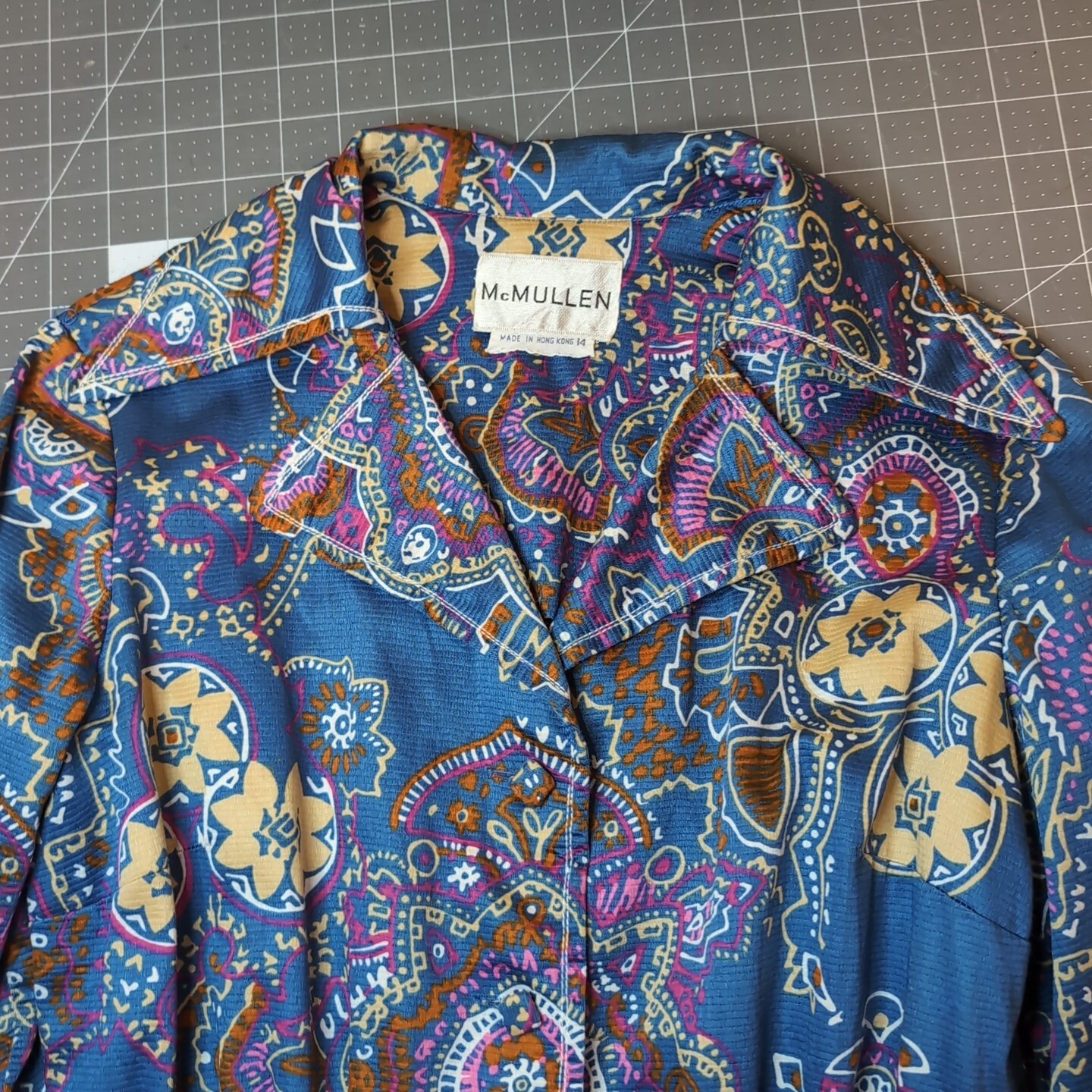 Vintage 1970s McMullen Shirtwaist Dress Blue Paisley Pattern Designer Big Collar